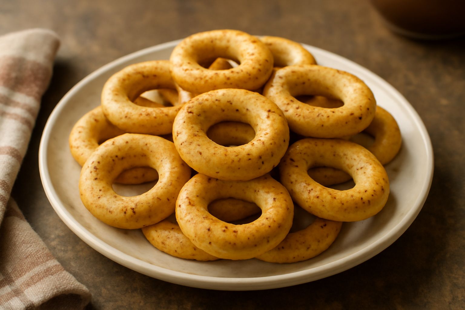 Taralle al pepe color oro dorate su un piatto bianco, anelli croccanti con pepature visibili, impiattate in pila irregolare con sfondo cucina rustica