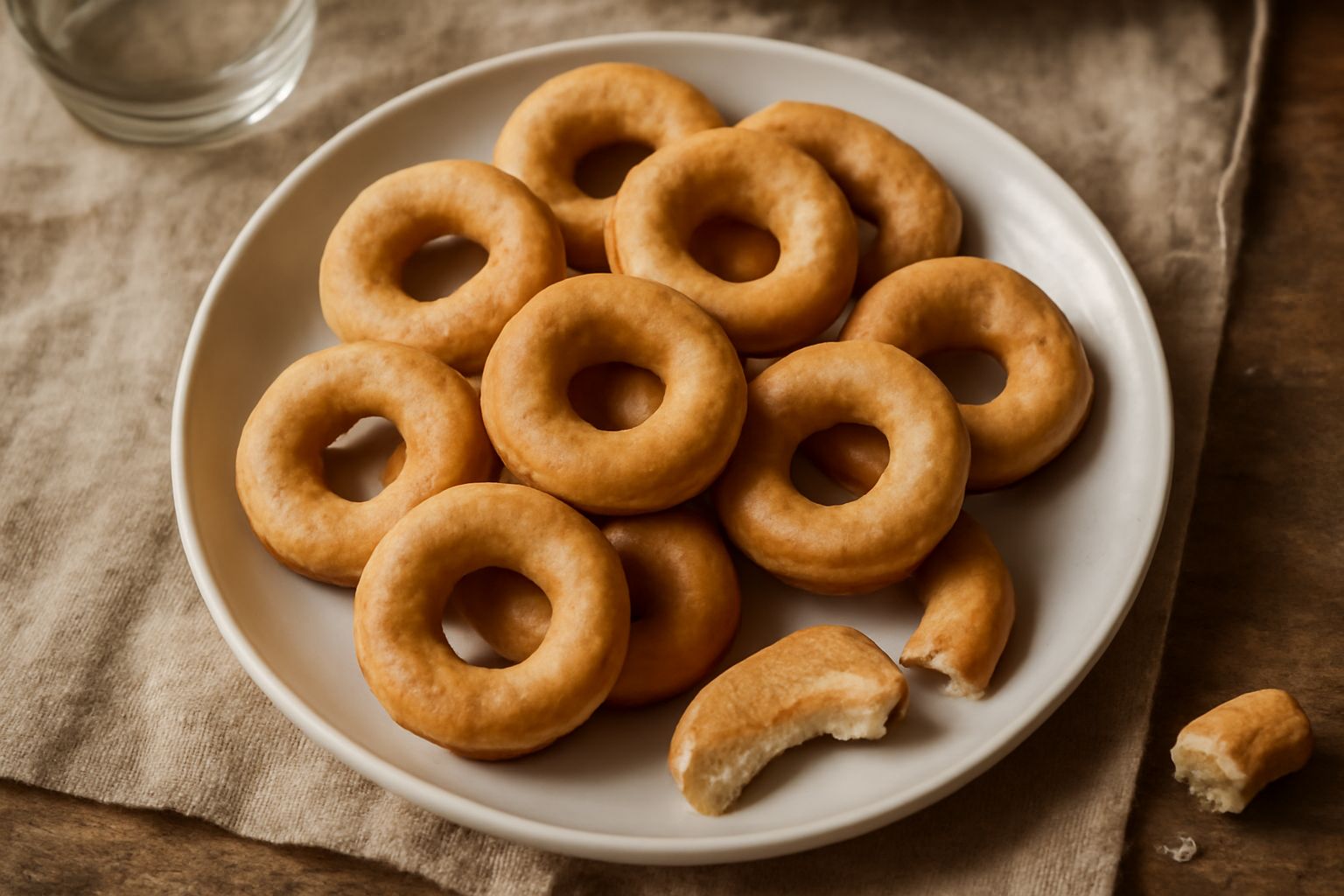 Taralli dorati e croccanti a forma di anello su un piatto bianco, alcuni ancora tiepidi, con texture friabile e uniforme, contornati da semi di finocchio sparsi