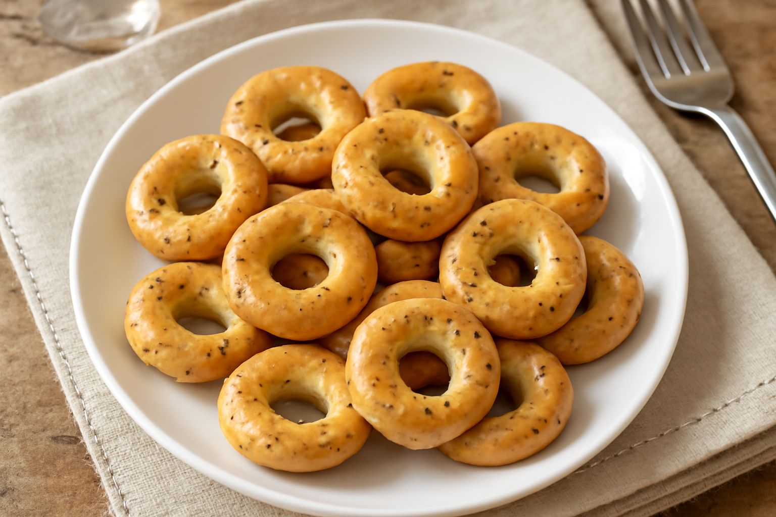 Taralli dorati a forma di anello, croccanti e lucidi, cosparsi di semi di finocchio, disposti su un vassoio di carta bianca con una ciotola di sale grosso sullo sfondo