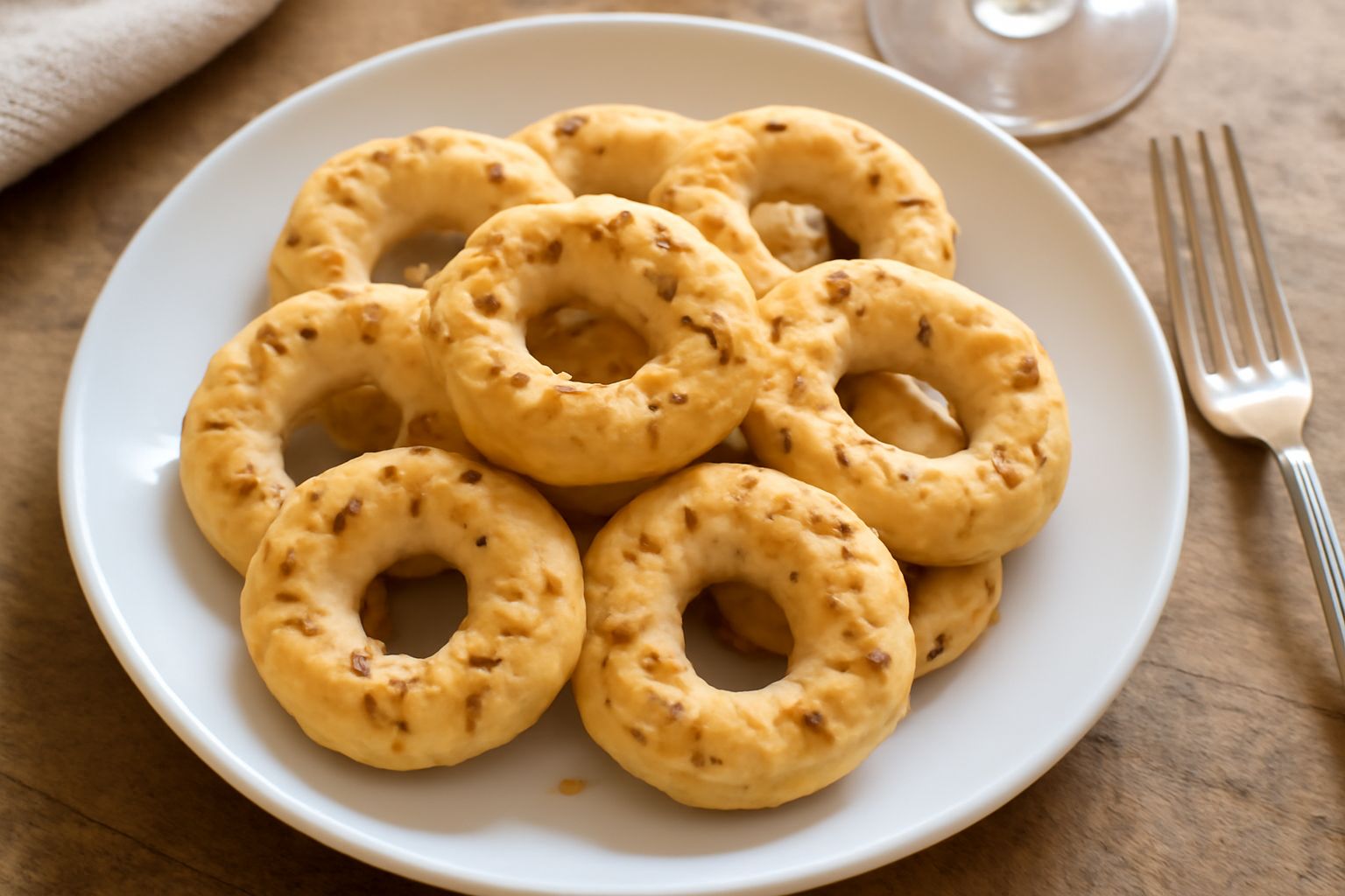 Taralli dorati a forma di anello disposti su un piatto bianco, ricoperti di semi di finocchio tostati, con un bicchiere di vino bianco sullo sfondo