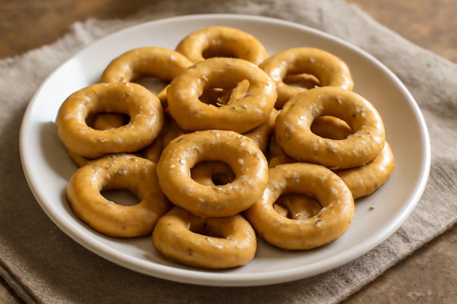 Taralli al finocchietto disposti su carta bianca, color nocciola dorato, ricoperti di cristalli di sale grosso, forma di anello regolare, sfondo neutro con un rametto di finocchio fresco