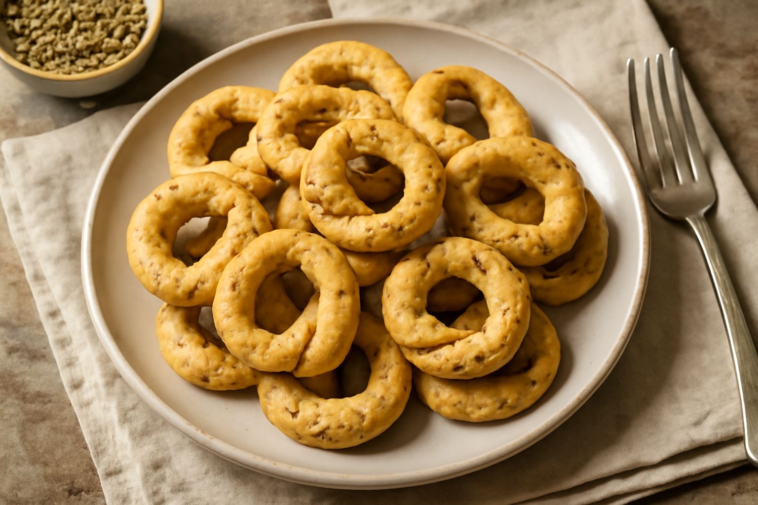 Taralli al finocchio dorati e croccanti disposti su un piatto di ceramica bianca, con semi di finocchio visibili sulla superficie
