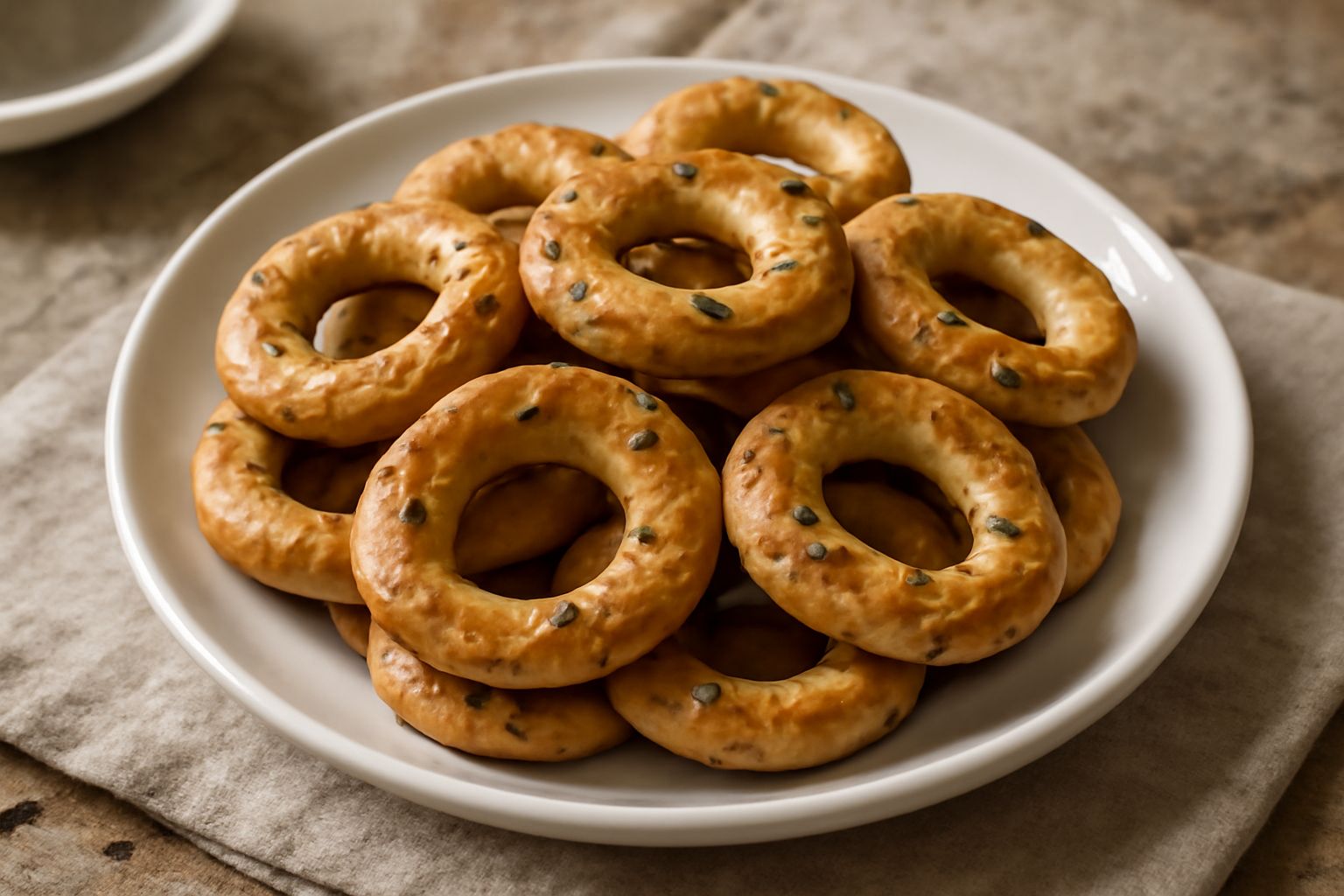Taralli dorati e croccanti a forma di anello, cosparsi di semi di finocchio selvatico, disposti su un piatto bianco con fondo sfocato di legno chiaro