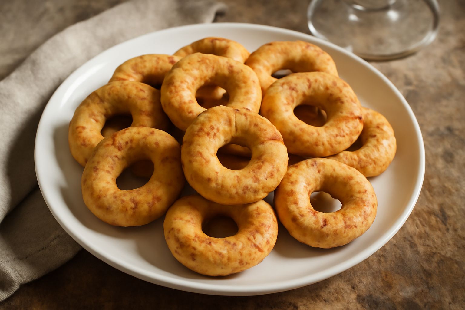 Taralli al peperoncino disposti in cerchio su un piatto bianco, color biondo dorato con sfumature rosse, con grani di peperoncino visibili sulla superficie, croccanti e ben cotti