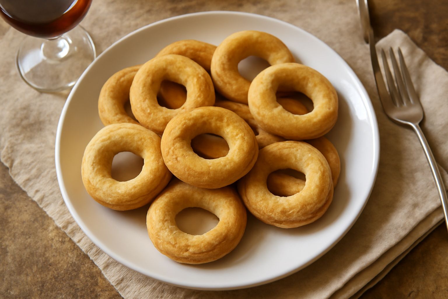 Taralli al vino color dorato disposti a cerchio su un piatto bianco, anello croccante con superficie liscia e leggera rugosità, sfondo neutro con un bicchiere di vino bianco