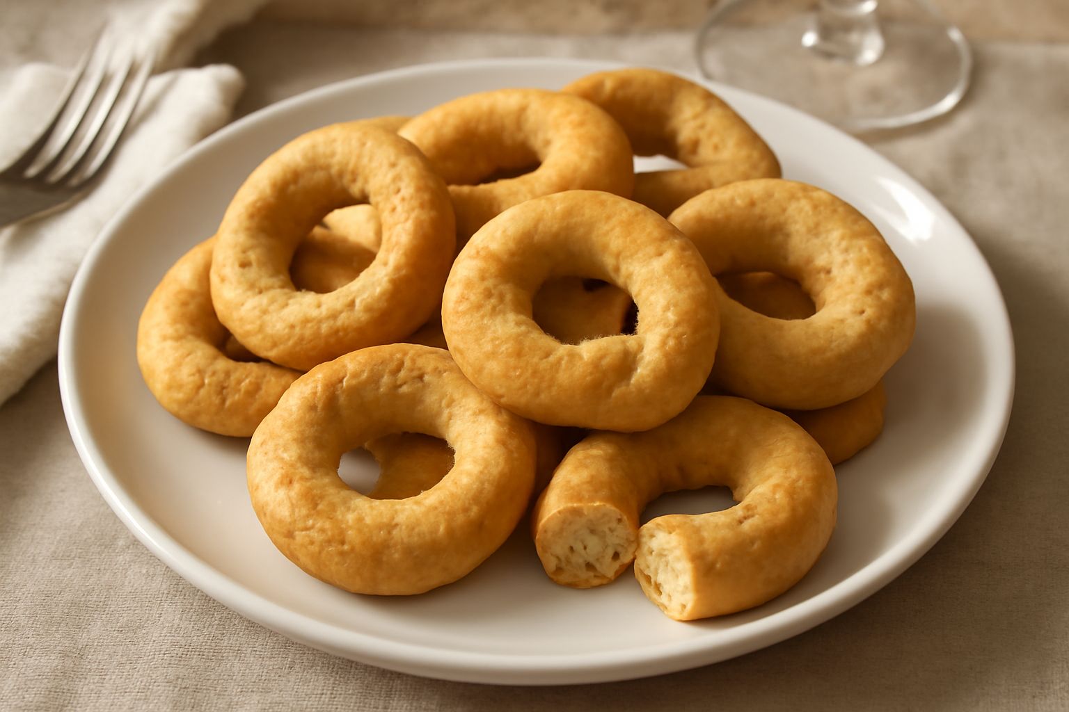 Taralli dorati e croccanti a forma di ciambella, disposti su una superficie bianca, con una texture uniforme e leggermente rugosa della superficie, bordi ben definiti