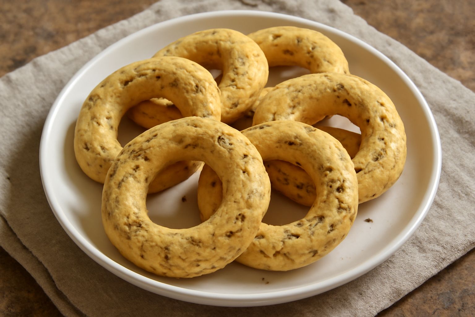 Taralli all'anice dorati a forma di anello, disposti su un piatto bianco. Superficie croccante e screpolata, colore giallo-beige uniforme, semi d'anice visibili sulla superficie leggermente lucida.