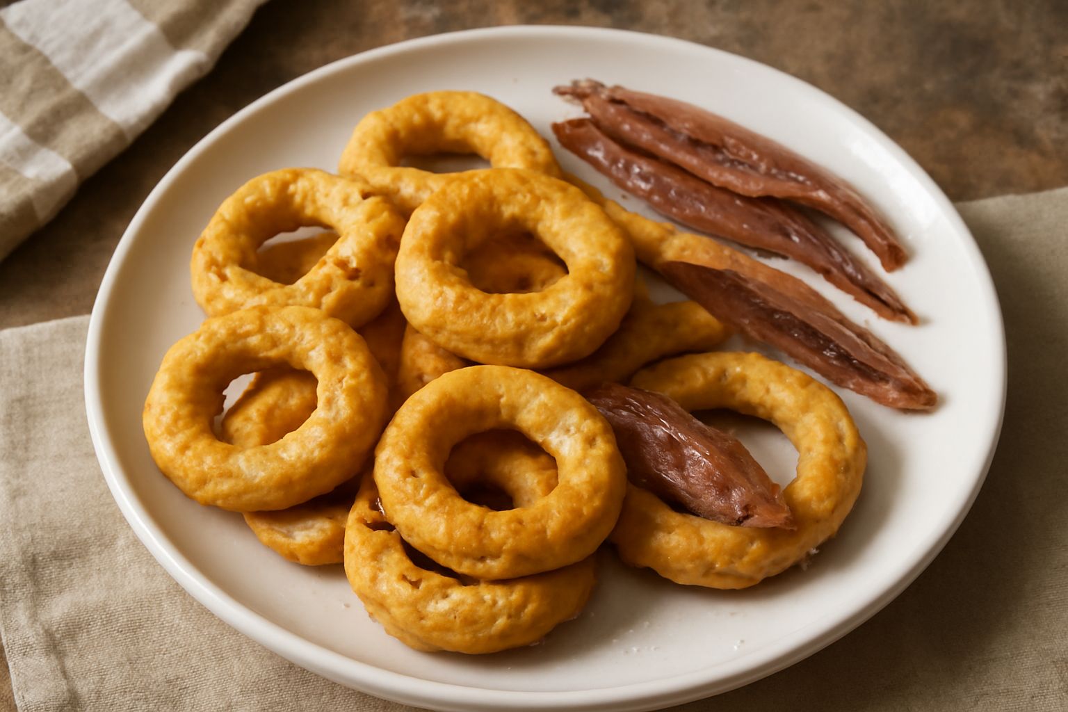 Taralli dorati a forma di anello su piatto bianco, con superficie croccante e granuli di sale grosso visibili, accanto a foglie di prezzemolo fresco