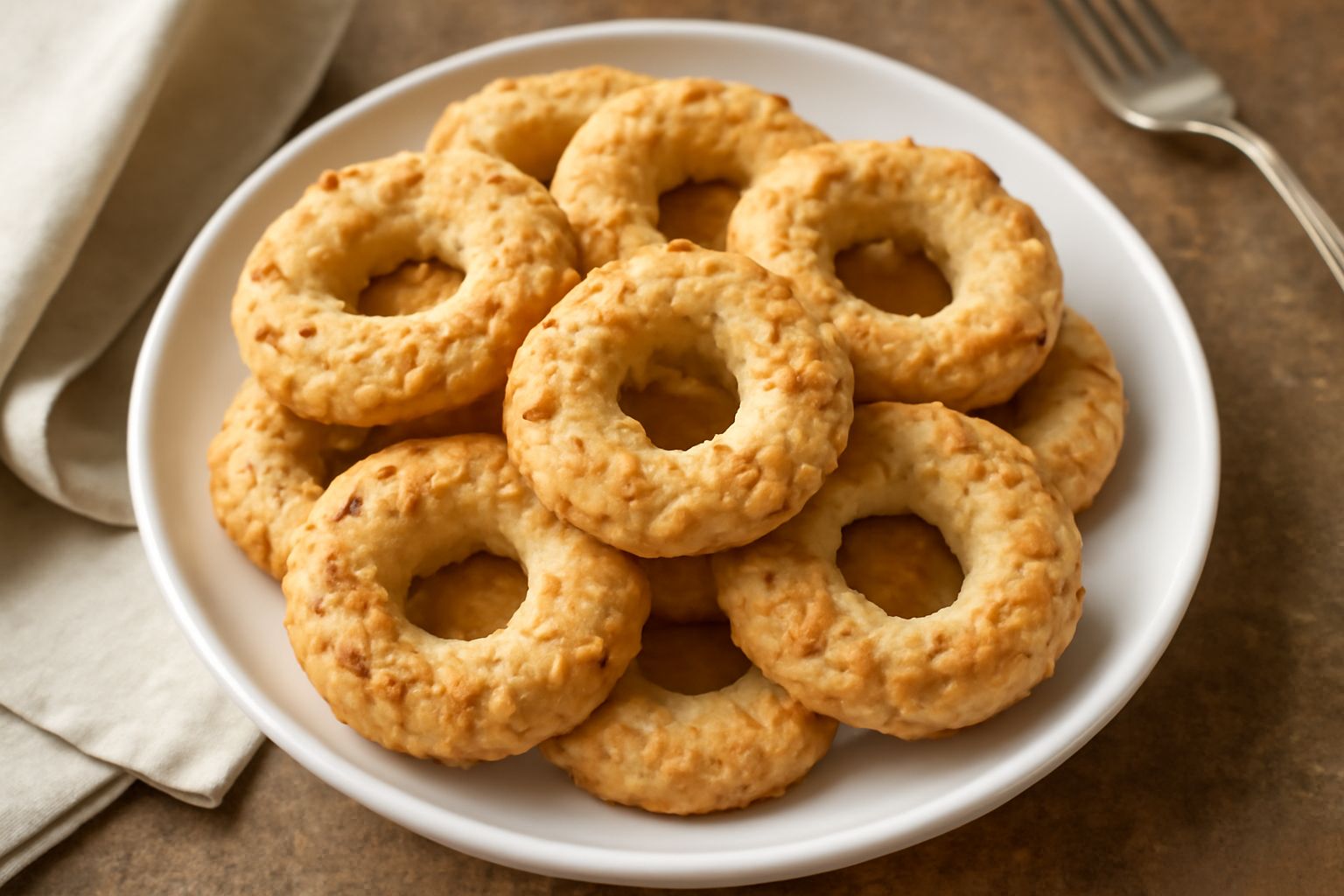 Taralli alle mandorle disposti su un piatto di ceramica bianca, biscotti dorati e croccanti a forma di anello, con frammenti di mandorle visibili in superficie, su sfondo di lino beige
