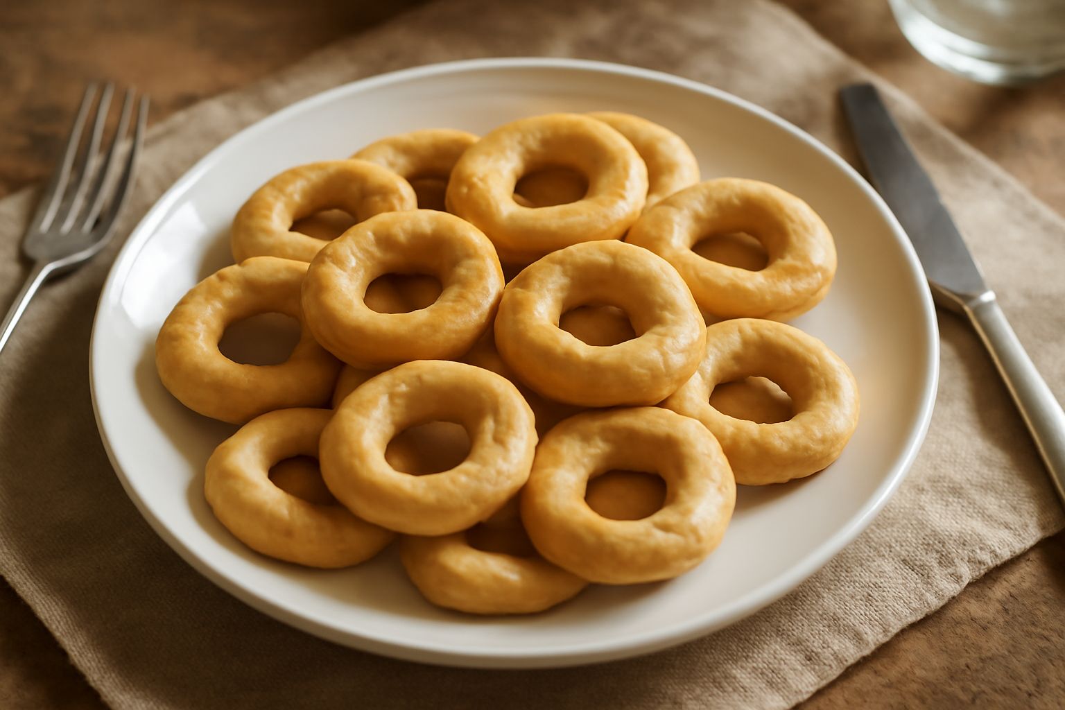 Taralli all'olio disposti su un piatto bianco, tondi e leggermente dorati, con superficie irregolare e croccante, sfondo grigio neutro