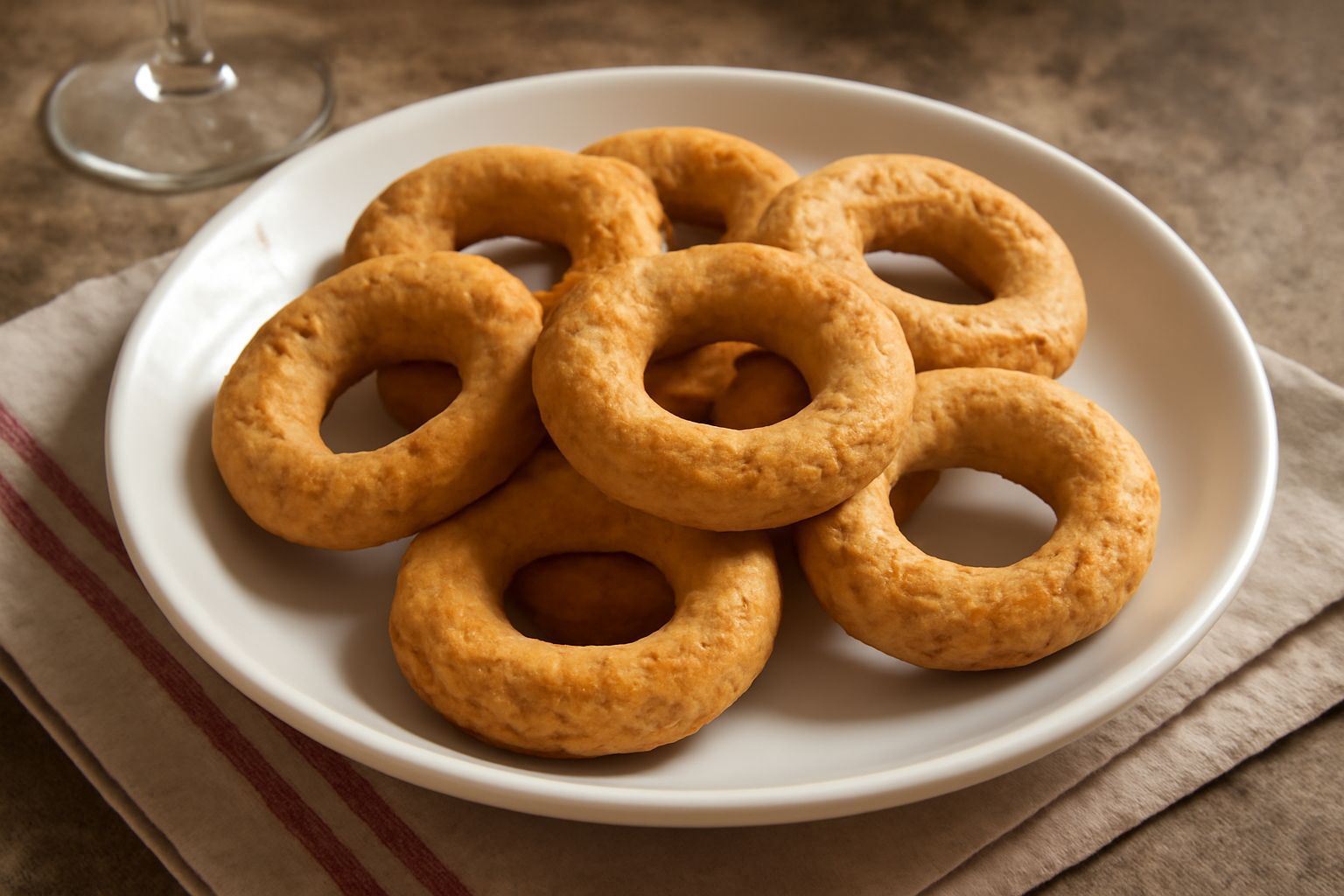 Taralli anulari dorati e croccanti disposti su un piatto bianco, con superficie ruvida dalla cottura in forno, illuminati da luce naturale