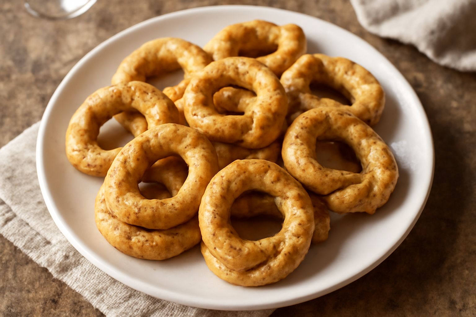 Taralli dorati a forma di anello, cosparsi di pepe nero visibile, disposti in cesto di vimini bianco con sfondo neutro, morbido fuoco sulla trama dei biscotti
