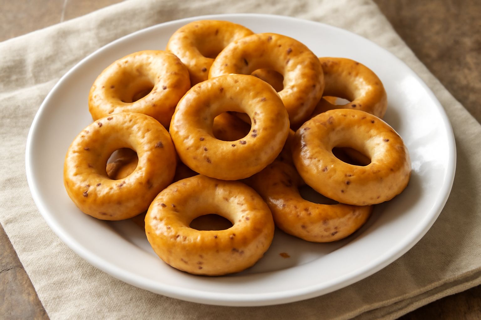Taralli dorati a forma di ciambella, croccanti e lucidi, disposti in un barattolo di vetro ermetico con finocchietto fresco accanto su fondo bianco