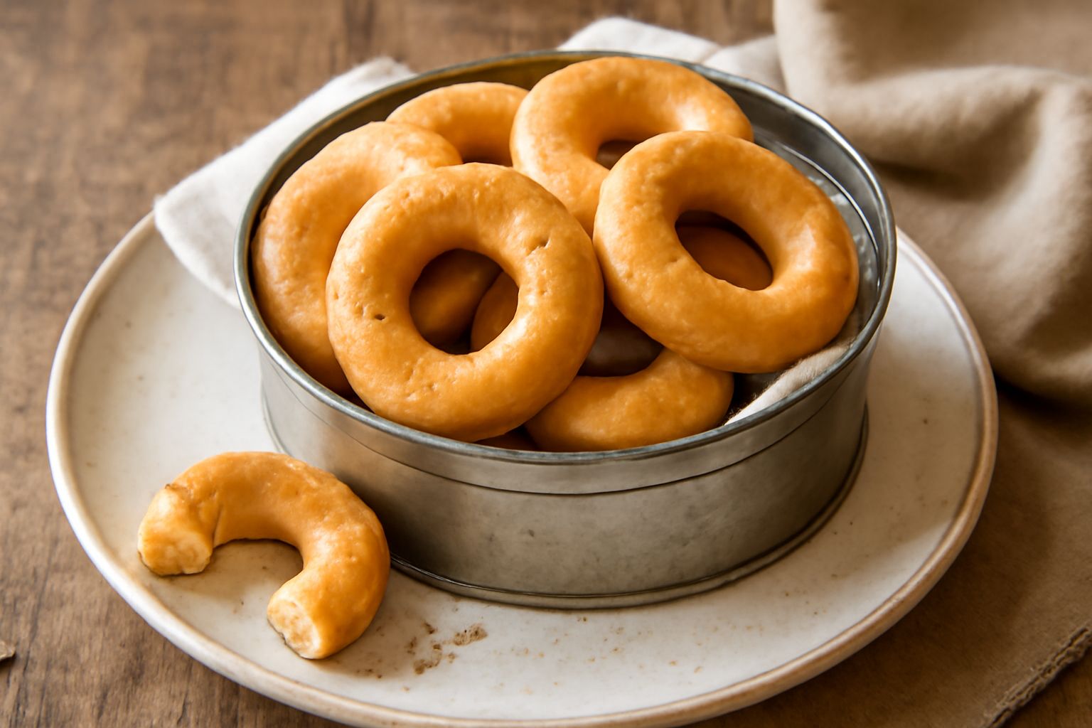 Taralli dorati a forma di anello disposti in una latta di metallo aperta, con alcuni taralli fuori dal contenitore su un piano in legno naturale, visibili i semi di finocchio sulla superficie croccant