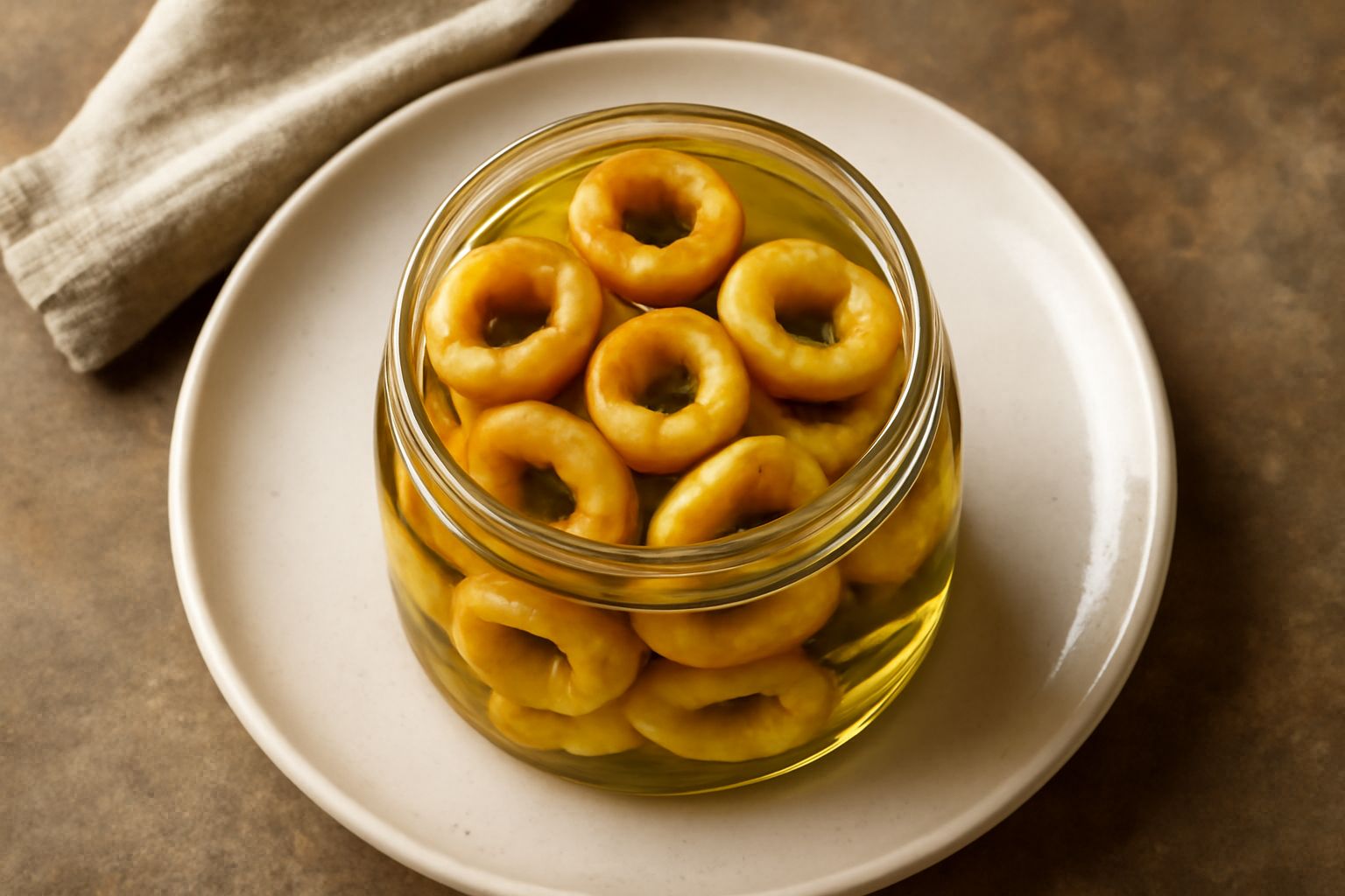 Vasetto trasparente di taralli croccanti color oro immersi in olio extravergine d'oliva trasparente, con spicchi di aglio e peperoncini visibili, su sfondo bianco con accanto uno stecco di rosmarino