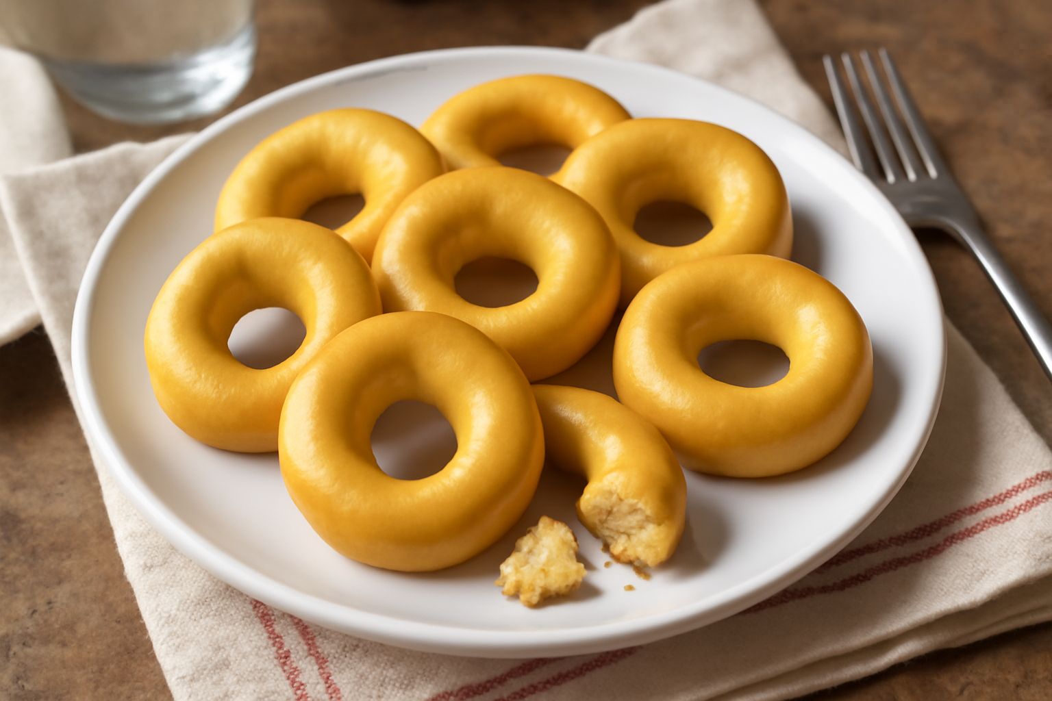 Taralli cosentini disposti su un piatto bianco, forma a ciambella dorata, superficie liscia e leggermente oleata, sfondo neutro e chiaro