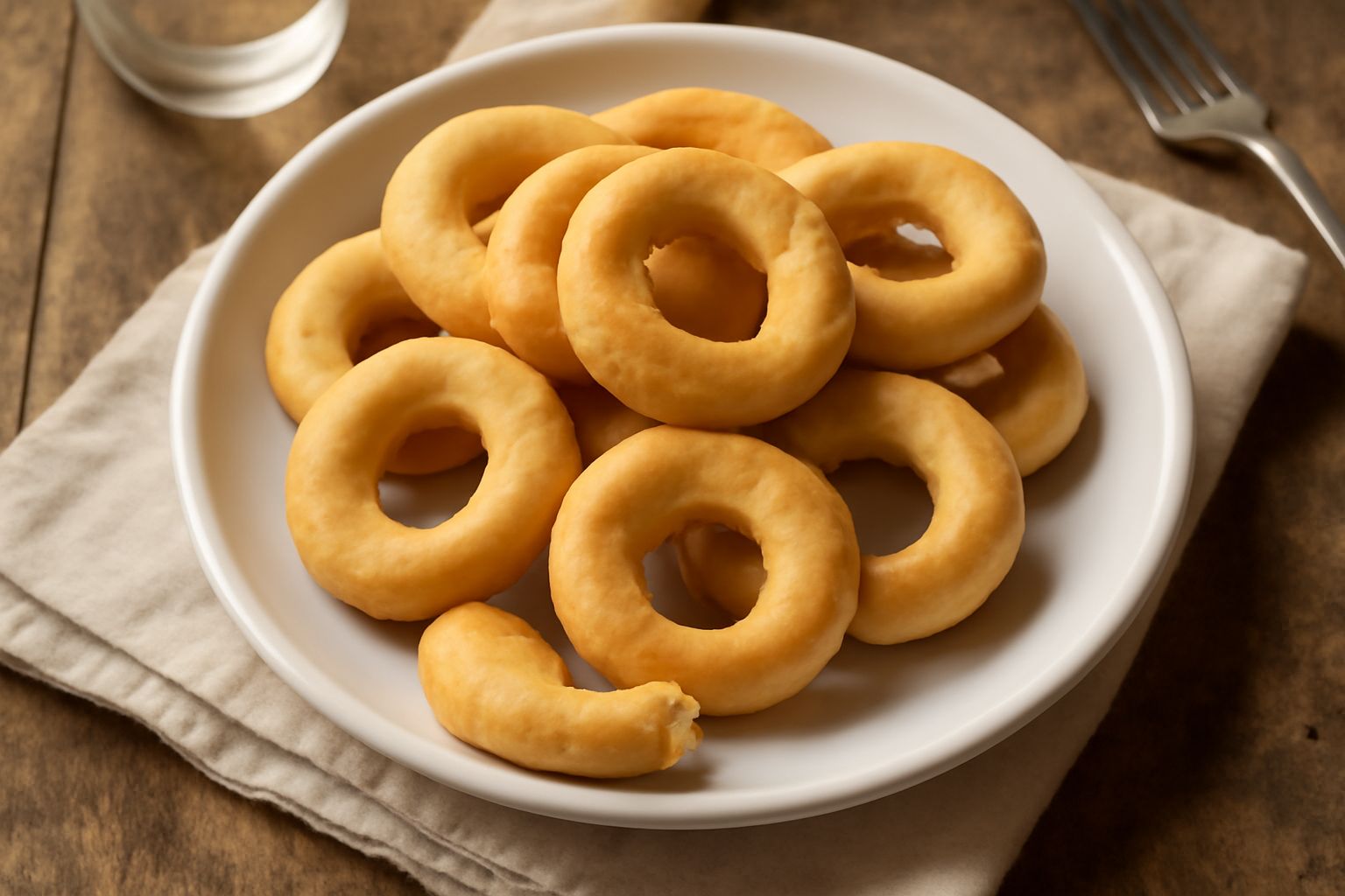 Taralli d'anice disposti su un piatto bianco, dorati e croccanti, con i buchi al centro visibili, accanto a un cucchiaio di semi d'anice