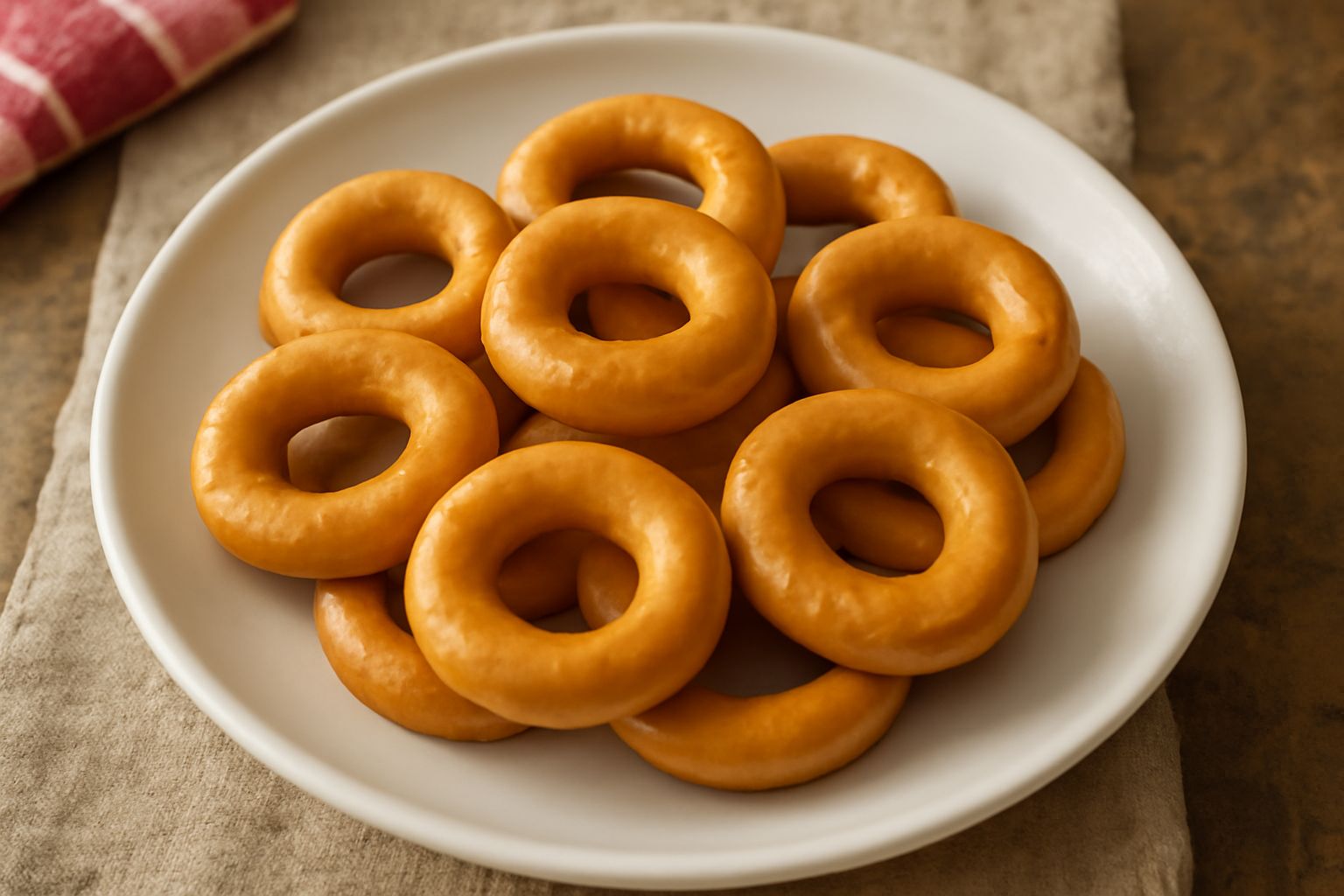 Taralli dorati e croccanti disposti a cerchio su un piatto bianco, anelli di pasta fritta lucidi e regolari, sfondo di legno chiaro