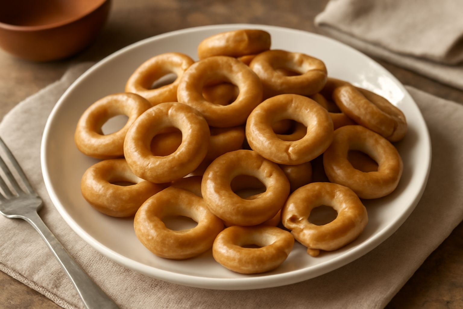Taralli di semola disposti a raggiera su un piatto bianco, colore dorato uniforme, superficie liscia e lucida, anelli perfetti di circa tre centimetri di diametro, leggermente incrinati sulla superfic