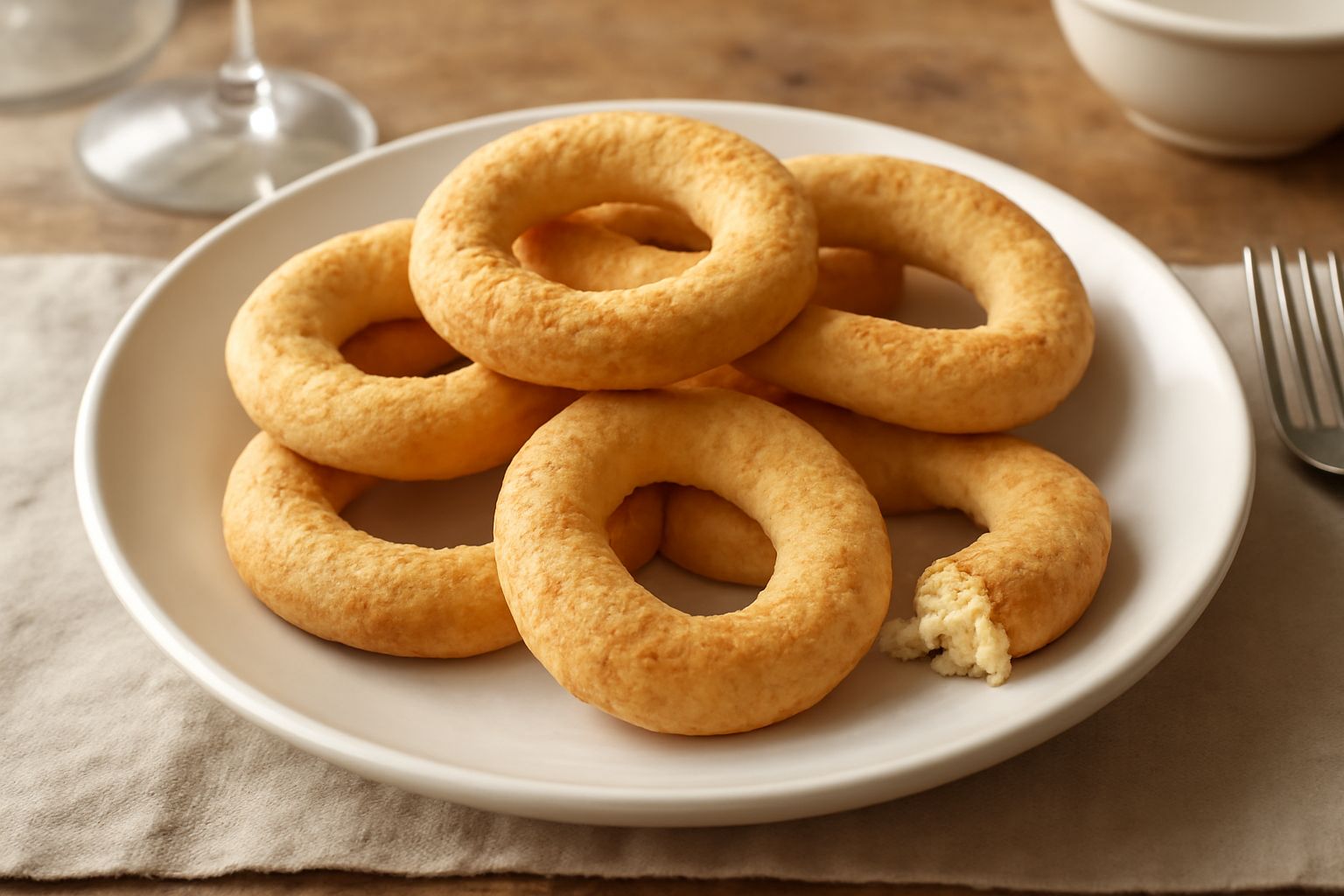 Taralli dolci dorati e croccanti disposti su un piatto bianco, anelli di biscotto fragrante con una superficie leggermente lucida e screpolata