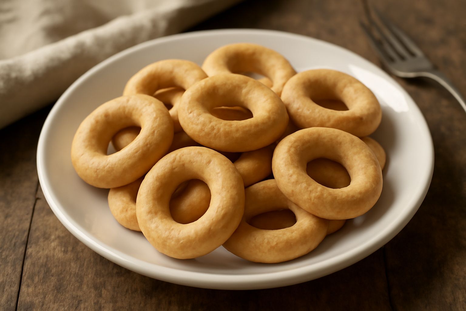 Taralli dorati e croccanti disposti su un piatto di ceramica bianca, con una leggera polverina di sale sulla superficie, contorno in legno naturale