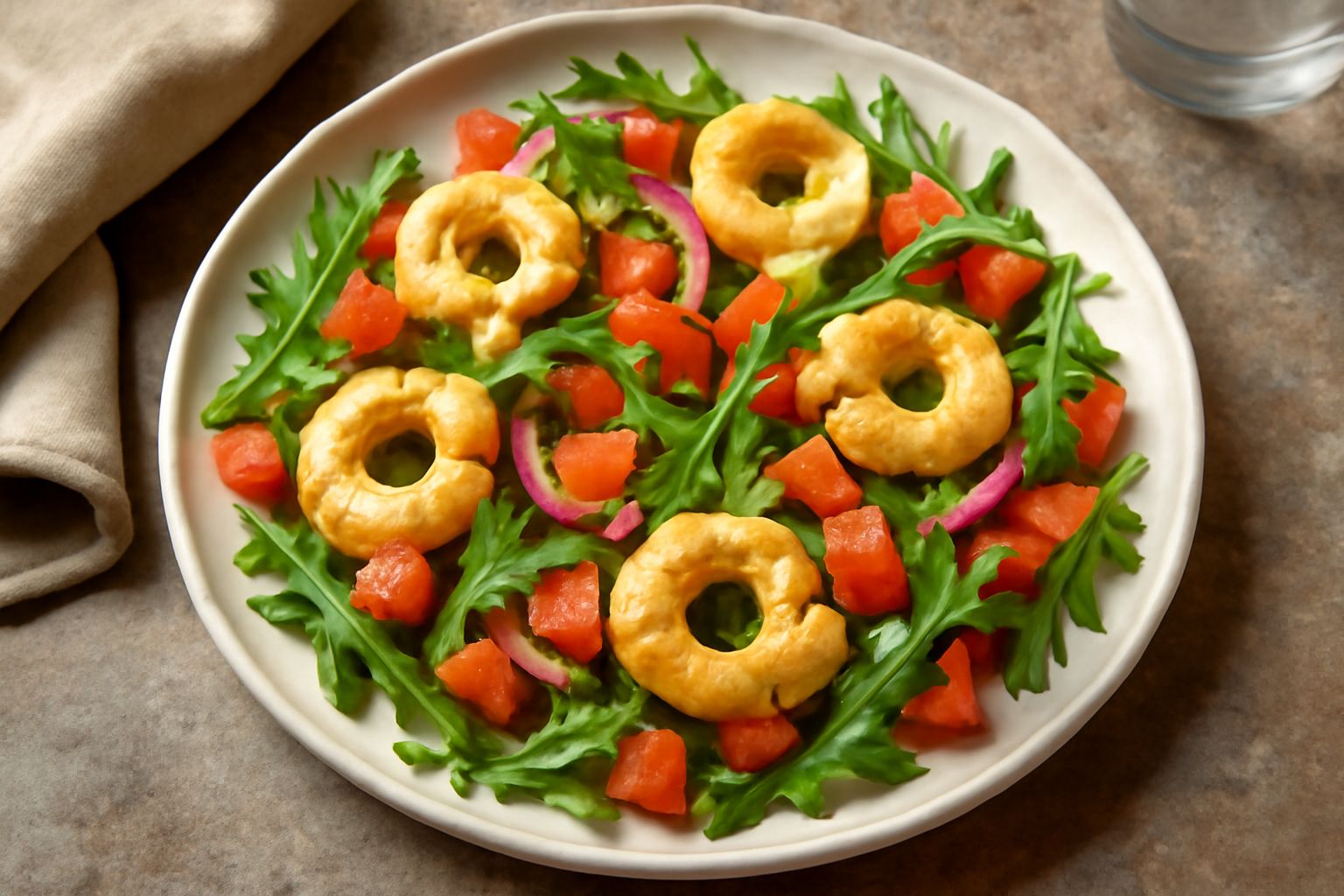 Insalata di taralli gialli e croccanti disposti su pomodori rossi tagliati, rucola fresca e cipolla violetta, con gocce di olio d'oliva e limone, in una ciotola di ceramica bianca su tavolo di legno