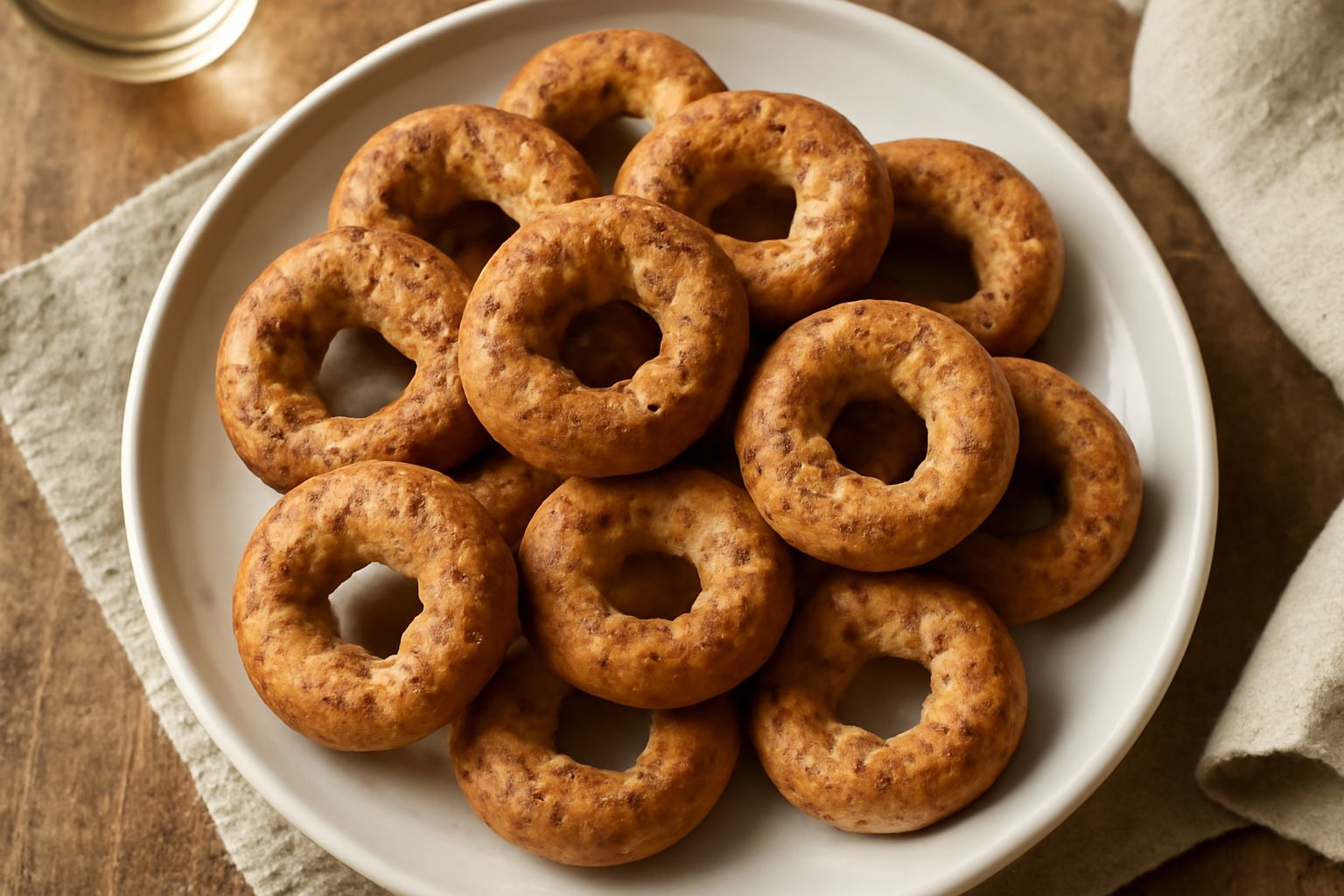 Taralli neri croccanti disposti su un piatto bianco, di forma circolare con buco al centro, superficie rugosa e colore marrone scuro punteggiato di pepe nero visibile