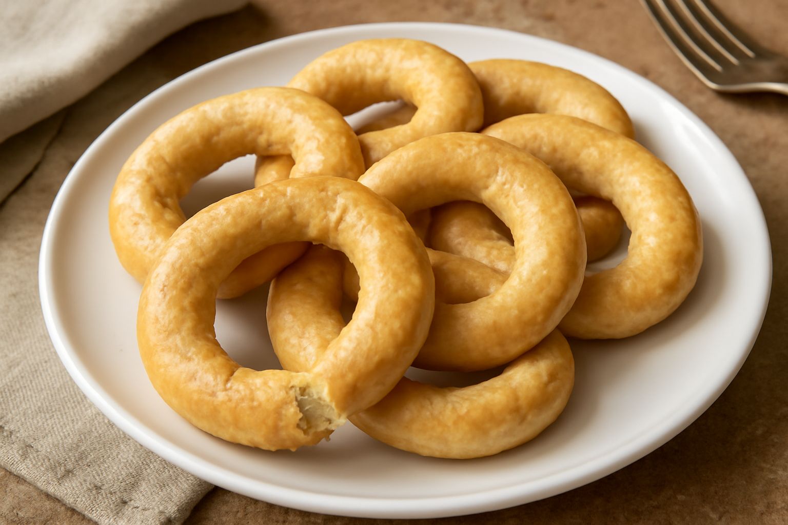 Taralli salati color oro disposti su un piatto bianco, a forma di anello, con superficie croccante e leggermente rugosa, alcuni spezzati a mostrare la pasta interna compatta