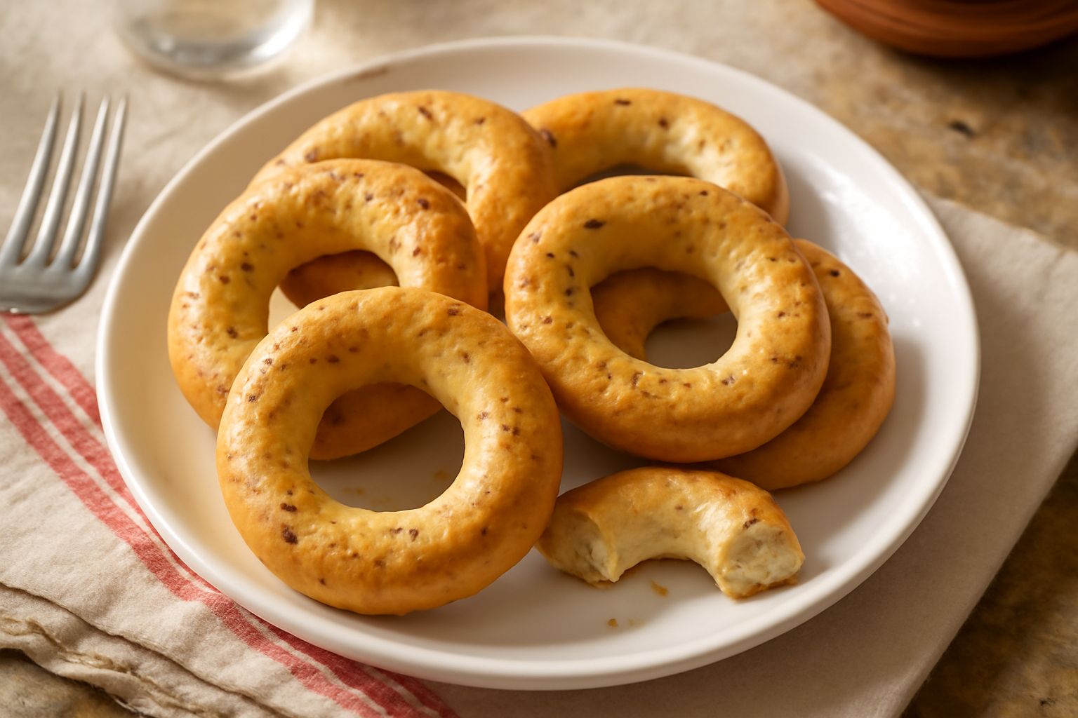 Taralli salernitani dorati e croccanti disposti in cerchio su un piatto bianco, con semi di finocchietto visibili sulla superficie, sfondo di lino naturale