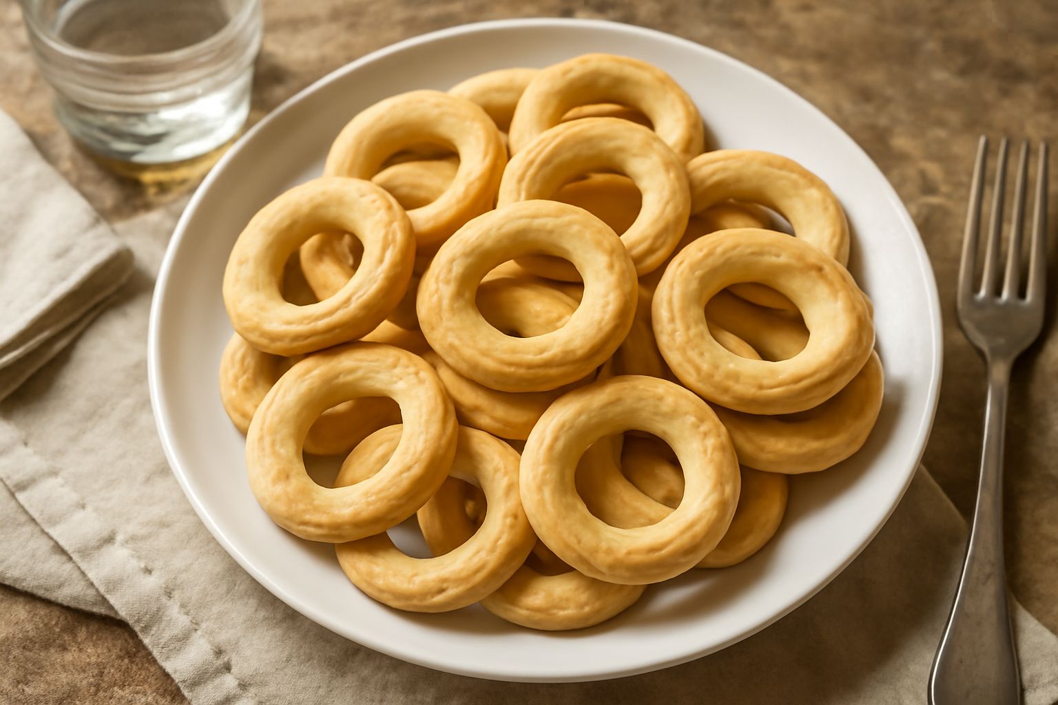 Taralli sorrentini disposti su un piatto bianco, tondi e leggermente dorati, con i buchi caratteristici nel centro e una superficie rugosa visibile, con una ciotola di olio d'oliva sfuocata sullo sfon