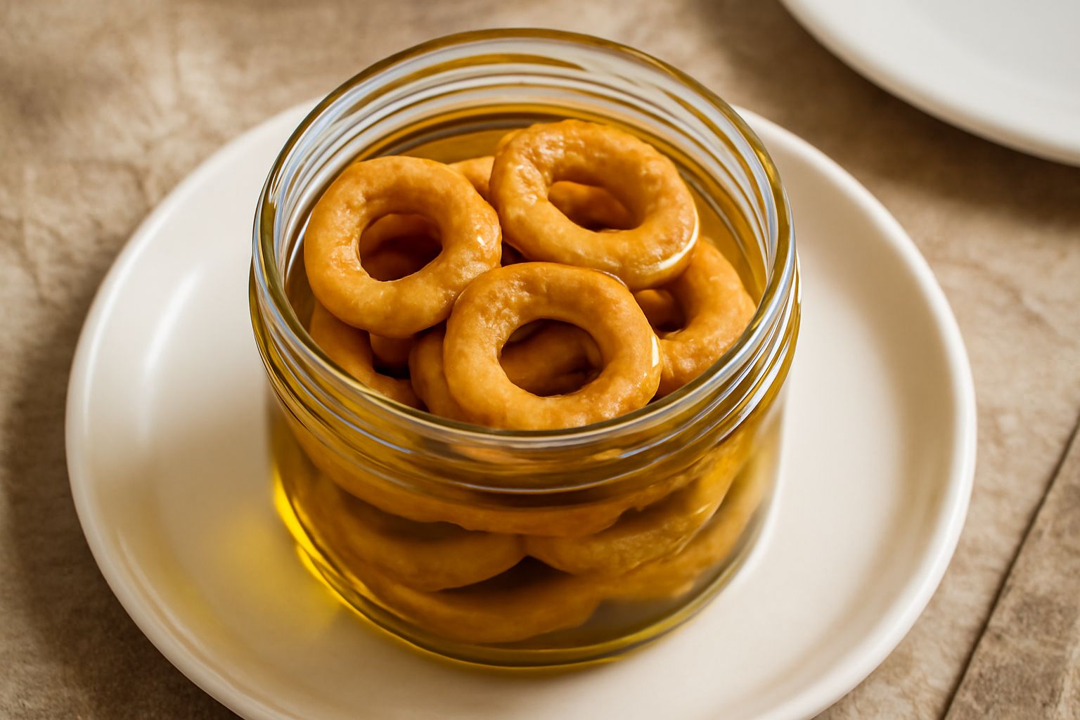 Taralli dorati e croccanti in un barattolo di vetro immersi in olio trasparente, con aglio e peperoncino visibili, serviti in una ciotola bianca con fondo sfocato di cucina