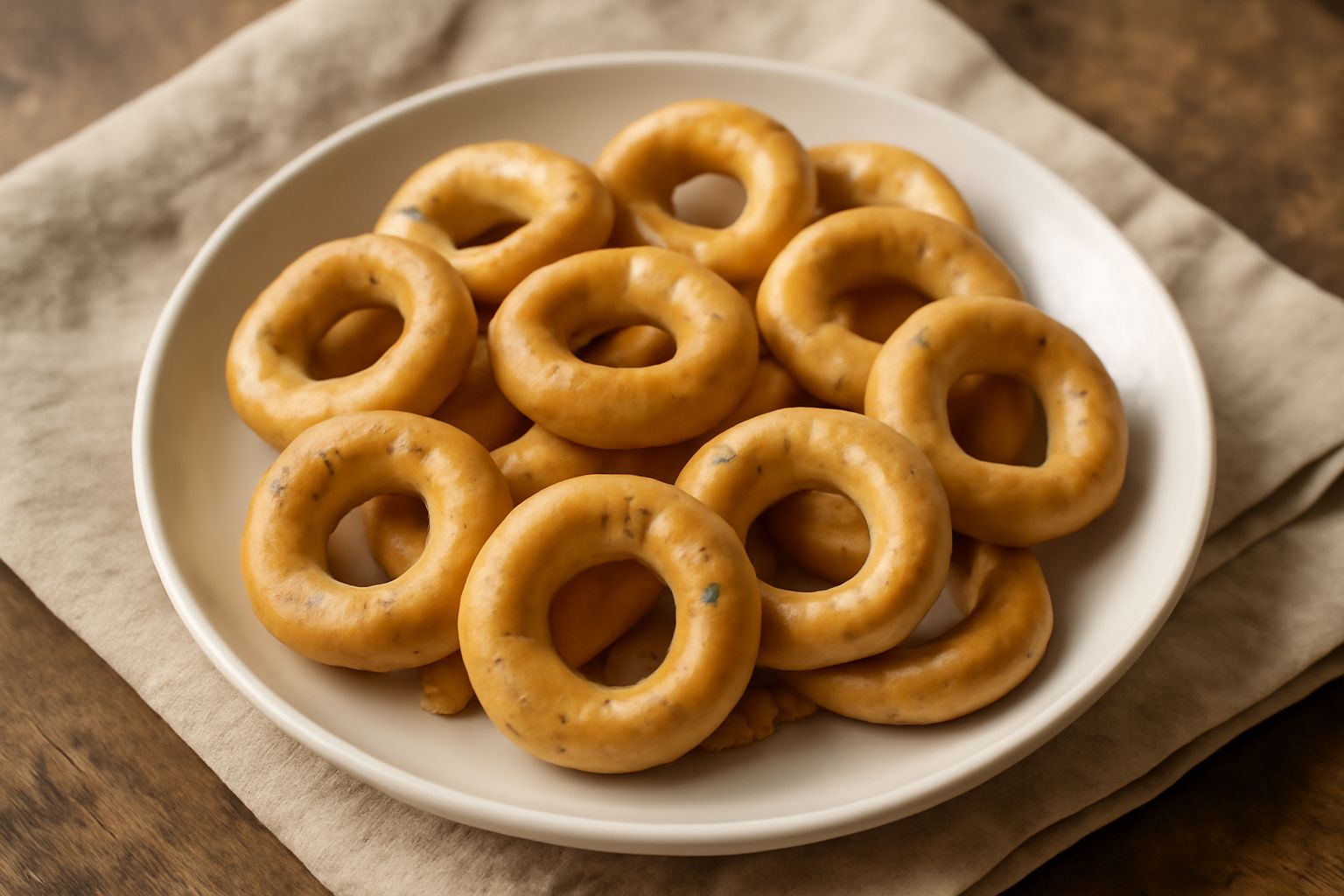 Tarallini al finocchietto dorati e croccanti disposti su un piatto bianco, ciambelle sottili e lisce con riflessi dorati, semi di finocchio visibili sulla superficie
