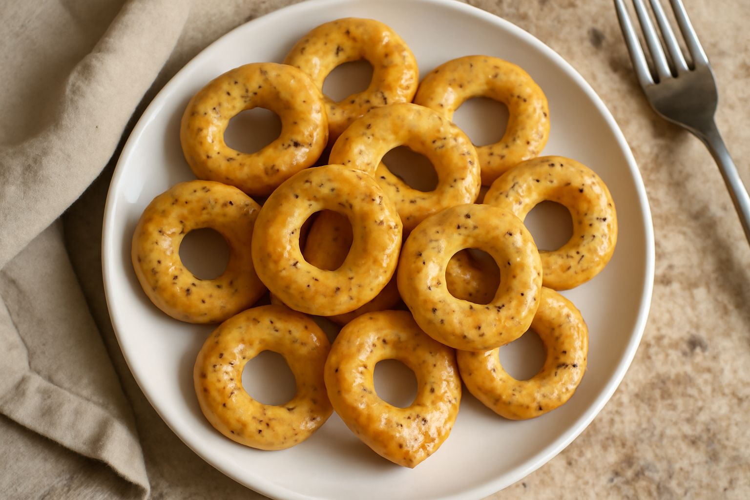 Tarallini al pepe color oro disposti in piramide su un piatto bianco, con visibili i granuli di pepe nero sulla superficie croccante e lucida. Sfondo chiaro con una piccola ciotola di olio d'oliva di 