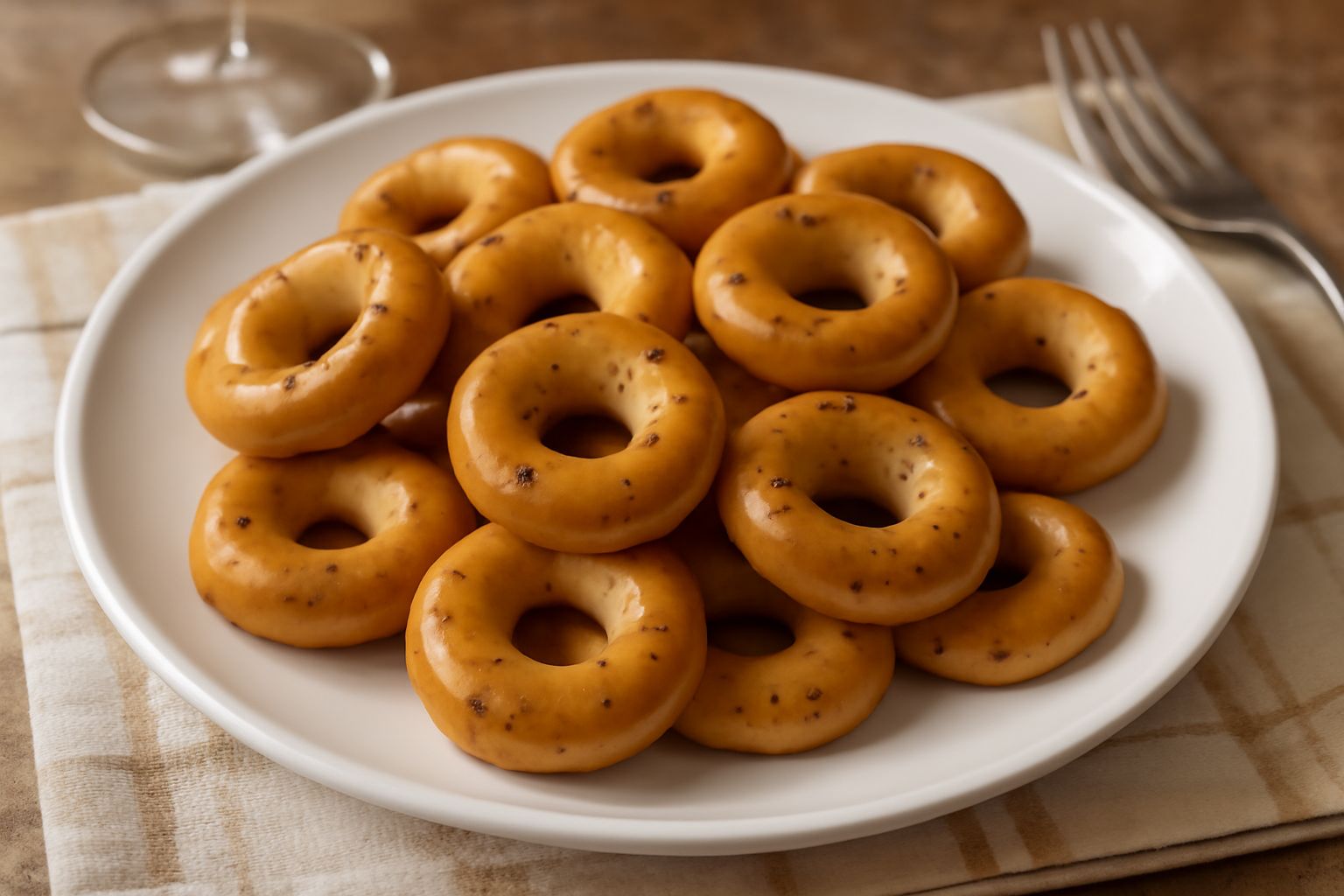 Tarallini all'anice dorati e croccanti disposti su un piatto bianco, a forma di tondo, con semi d'anice visibili sulla superficie, accanto a una tazza di caffè