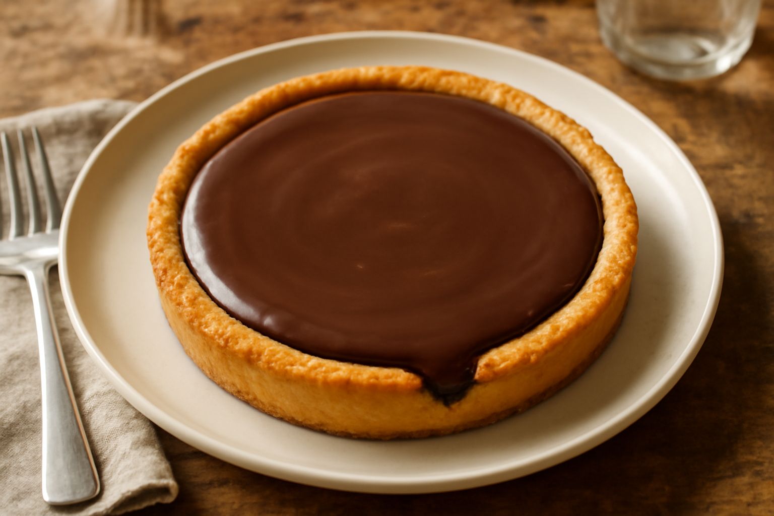 Tart' a nutella sorrentina tagliata a fette, con base frolla dorata e croccante, ripieno marrone di nocciola, superficie liscia e lucida, su piatto bianco con tovaglietta color crema