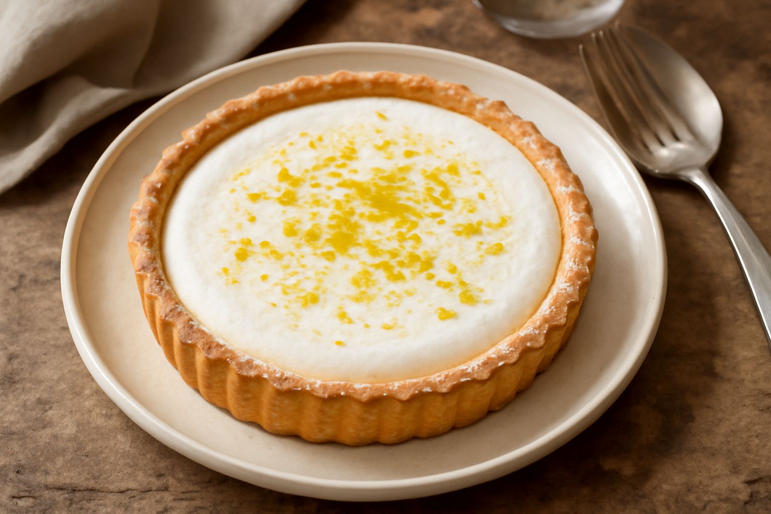 Tart di ricotta tagliata a fette su un piatto bianco, ripieno cremoso bianco, crust dorato, guarnizione con zucchero a velo e scorza di limone