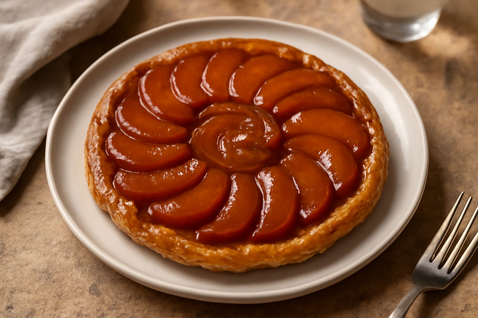 Tart tatin rovesciata su un piatto bianco, con mele color caramello lucide e brillanti disposte a spirale, pasta sfoglia dorata ai bordi, guarnita con una stella di anice stellato