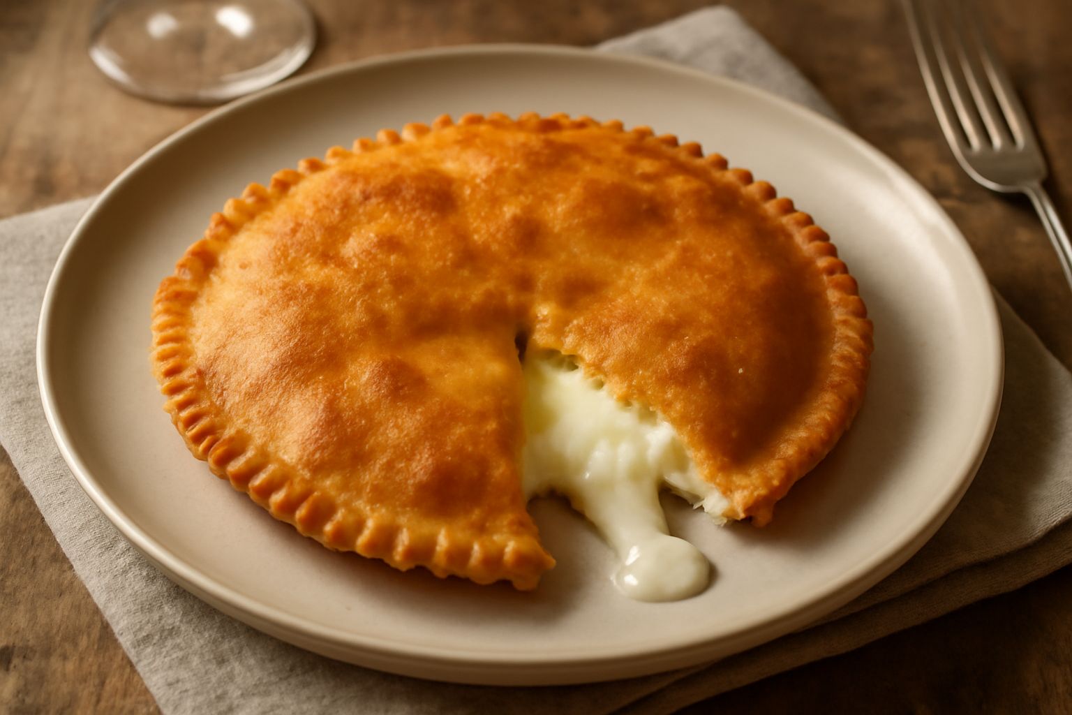 Una tarta de sebadas dorata e croccante su piatto bianco, con filo di miele ambrato versato sopra ancora caldo, formaggio filante ai bordi, accompagnata da bicchiere di vino bianco