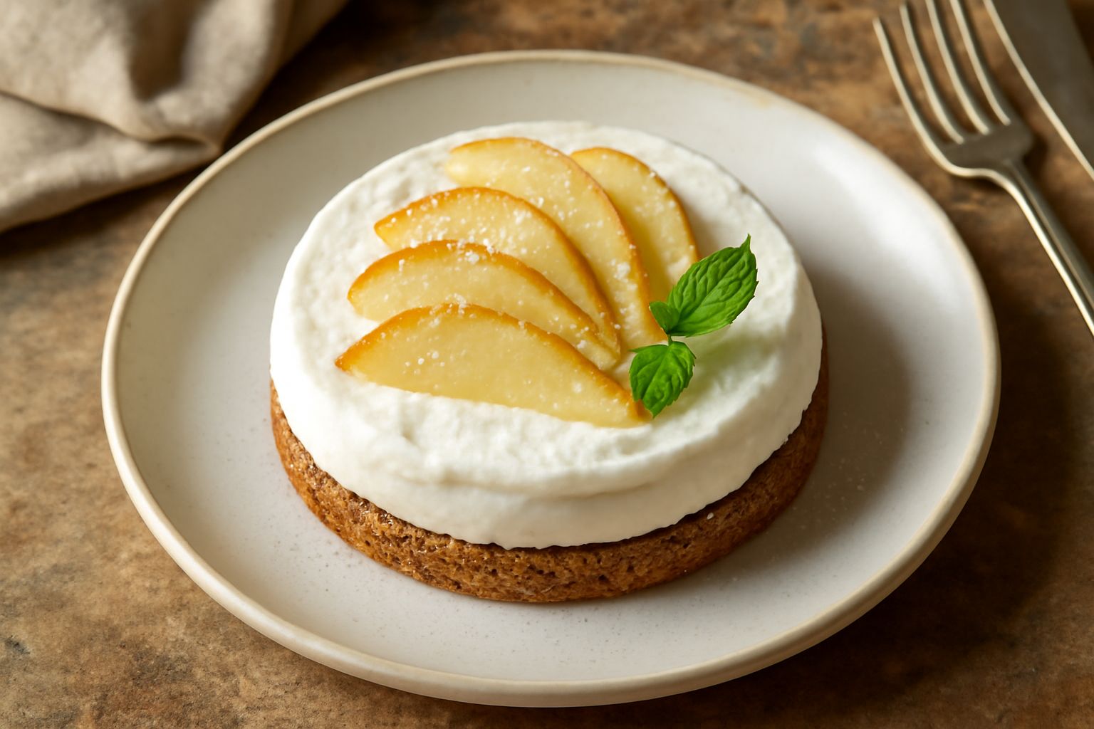 Tarta di ricotta e pera vista dall'alto in piatto bianco: base biscottata color nocciola, crema di ricotta bianca e liscia in centro, pere tagliate a fette color marrone e caramellate disposte a raggi