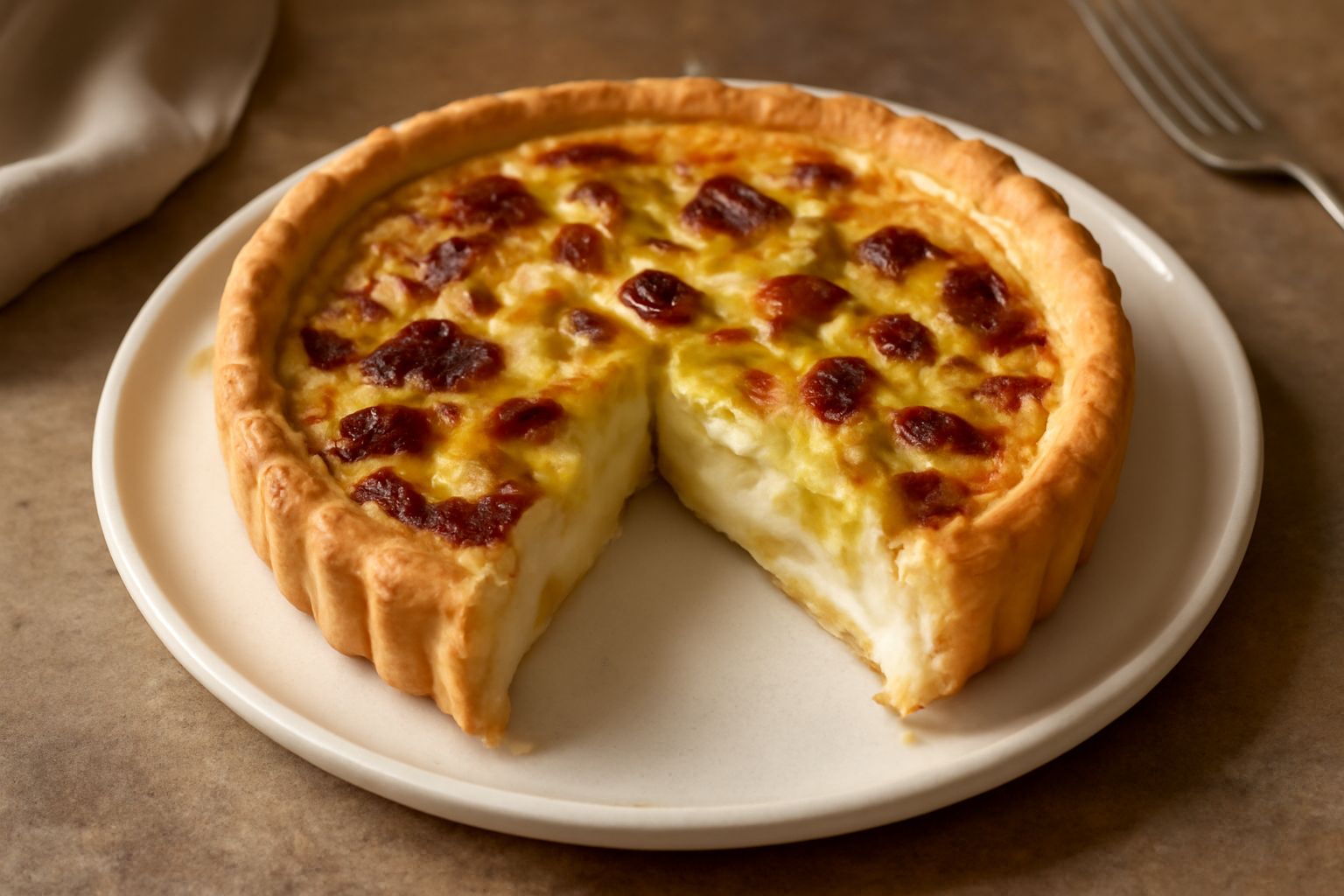 Tarte aux poireaux intera ancora nel tegame rotondo di ceramica, sfoglia dorata, superficie cremosa bianca con strisce dorate di pancetta croccante, pezzi di porro verde pallido visibili, coltello da 