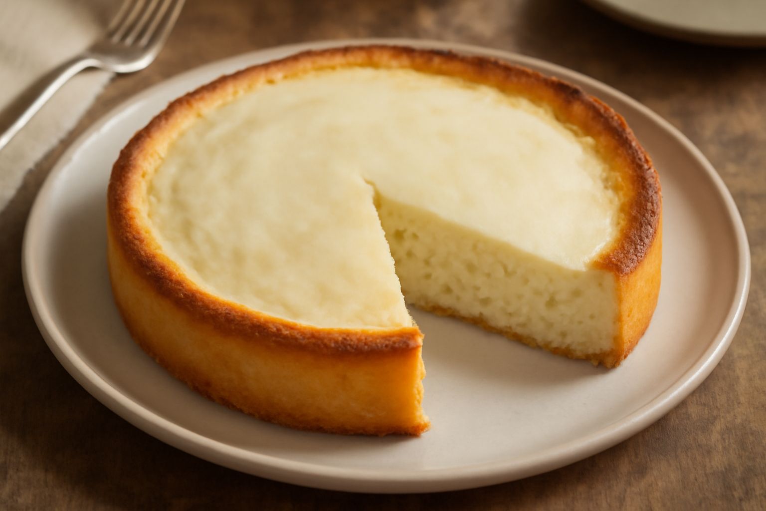 Tarte di riso appena sfornata con superficie dorata e leggermente gonfia, vista da sopra in una teglia rotonda antiaderente, crosta visibile ai bordi, interno chiaro e cremoso, spolverata di zucchero 