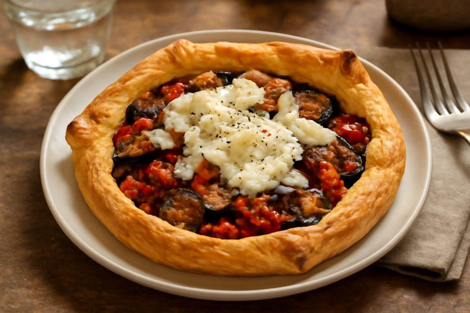 Tarte flambée piemontese appena sfornata, superficie dorata e croccante con melanzane, peperoni e cipolle caramellate, bordo sfogliato e ripieno visibile dal taglio, servita tiepida in piatto bianco