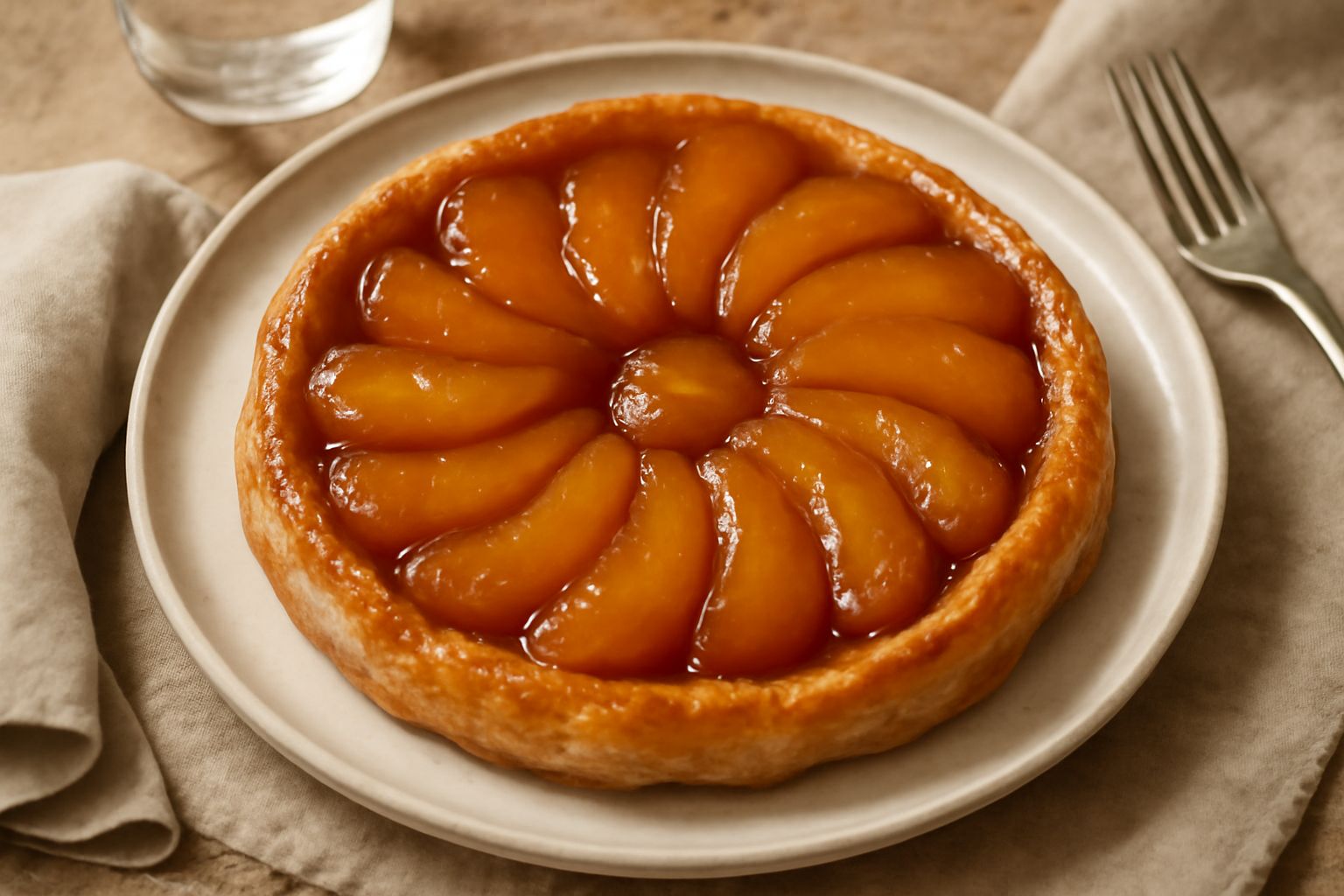 Tarte Tatin appena sformata, mele caramellate lucide e dorate disposte a spicchi su pasta sfoglia color nocciola, servita su piatto bianco da dessert