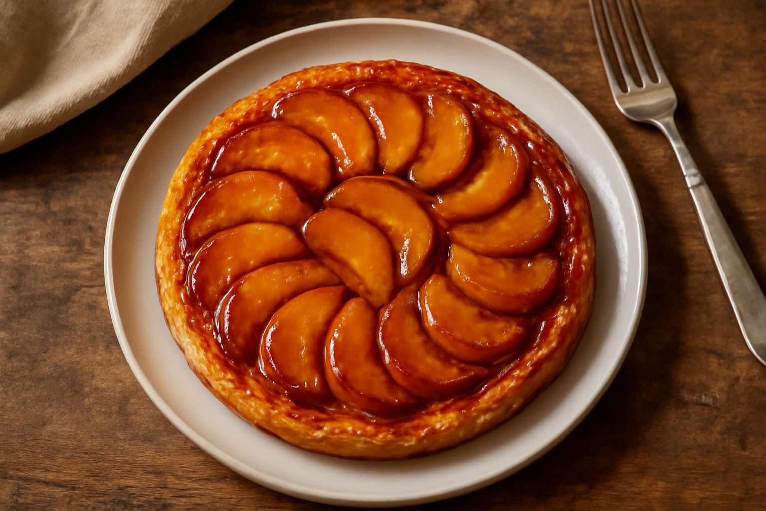 Tarte tatin dorata e caramellata in teglia rotonda, mele tagliate a spicchi disposte in cerchi concentrici, superficie lucida di caramello ambrato, servita su piatto bianco con sfoglia croccante visib