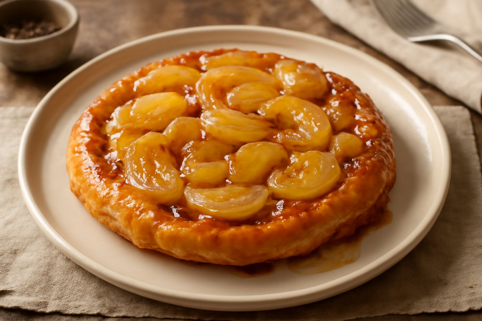 Tarte Tatin salata appena rovesciata su piatto bianco: sfoglia dorata e croccante, cipolle e mele caramellate in superficie di color ambrato, formaggio fuso giallo che filato ai bordi, bordi della sfo
