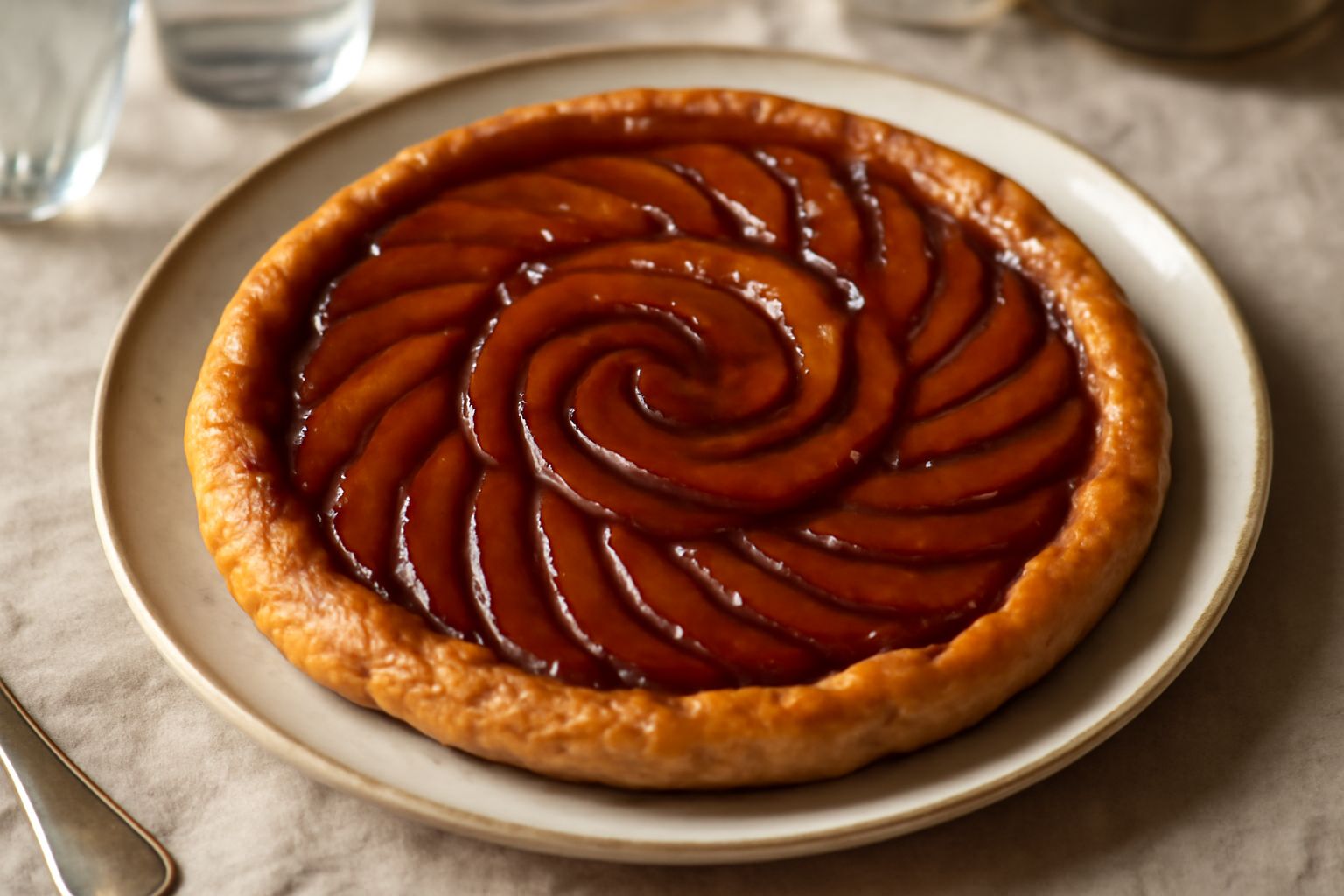 Tarte Tatin trentina rovesciata su piatto bianco, mele caramellate disposte a spirale color ambra scuro, pasta sfoglia dorata e croccante ai bordi, con una fetta sollevata che mostra l interno