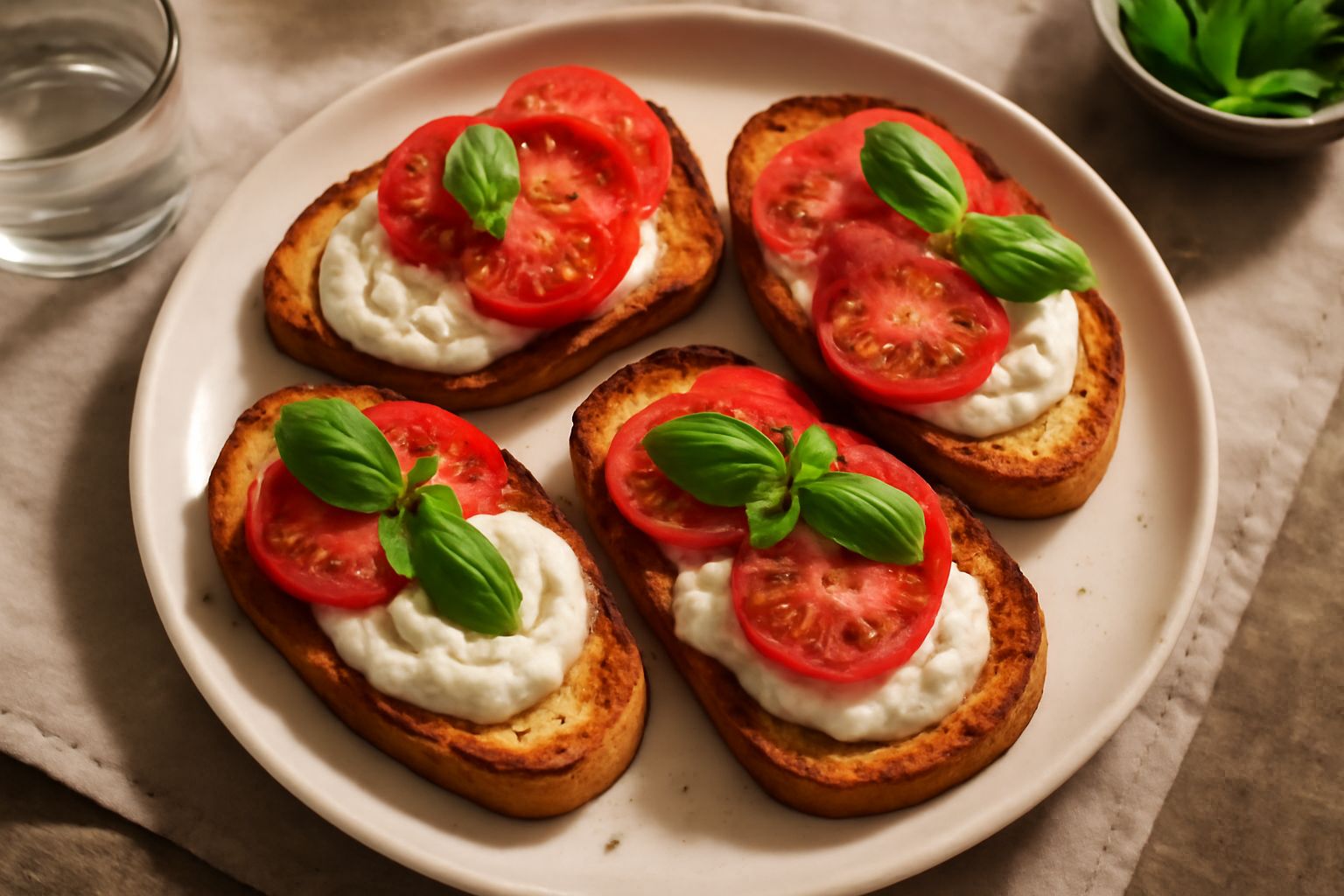 Tre tartine di pane tostato ricoperte di burrata bianca cremosa e fettine di pomodoro rosso maturo, decorate con foglie di basilico fresco verde, appoggiate su un piatto bianco