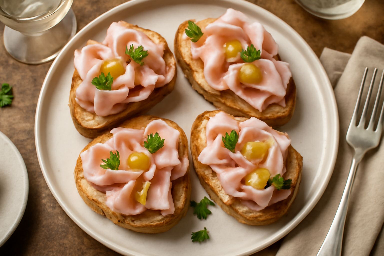 Tartine con mortadella rosa pallido, spennellate di mostarda gialla e marroncina, su pane tostato dorato, appoggiate su un piatto bianco con contorno di foglie di basilico
