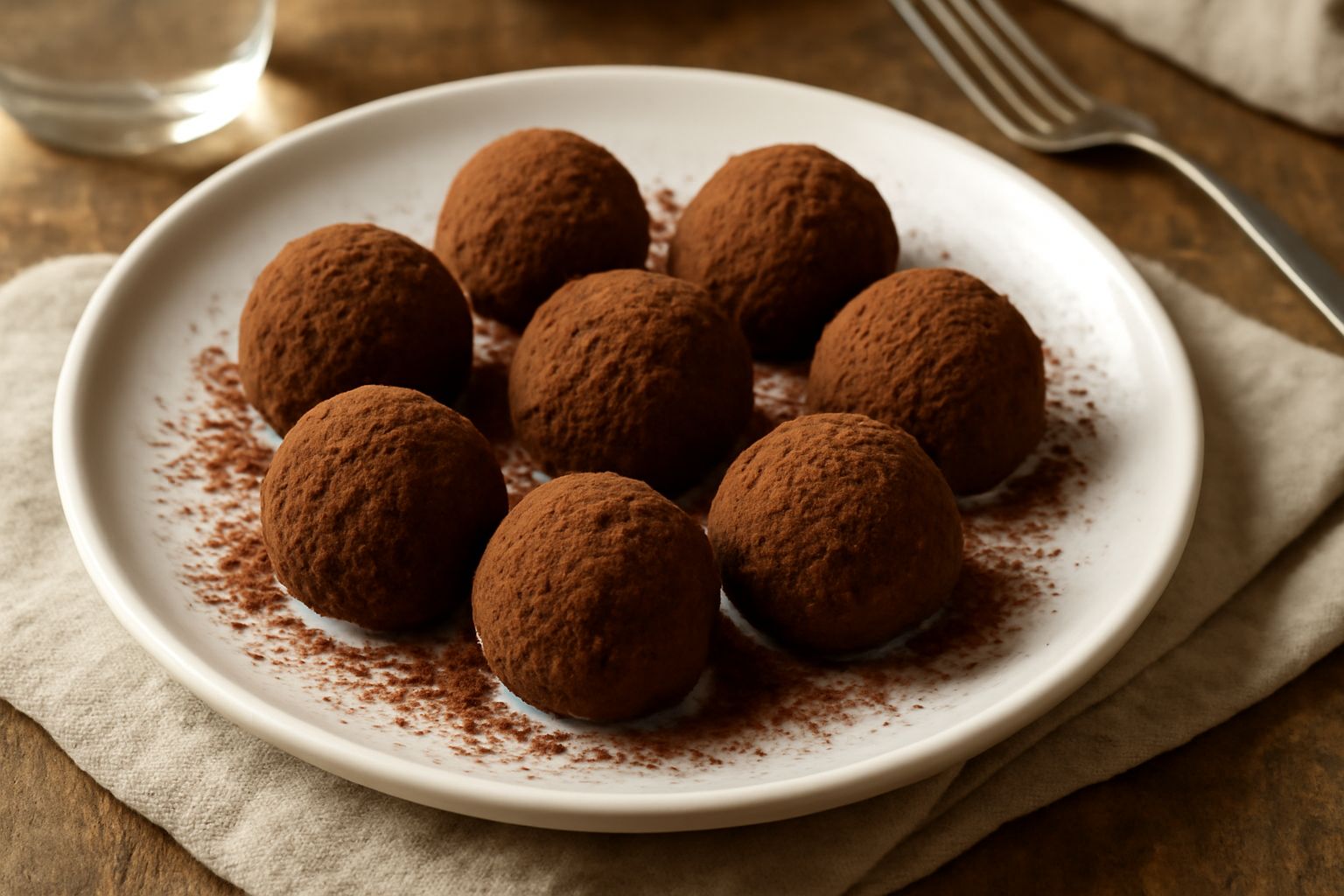 Tartufetti toscani tondi ricoperti di cacao in polvere, disposti su una carta bianca. Colore marrone scuro, superficie friabile e polverosa, alcuni spezzati a metà per mostrare l'interno granuloso.