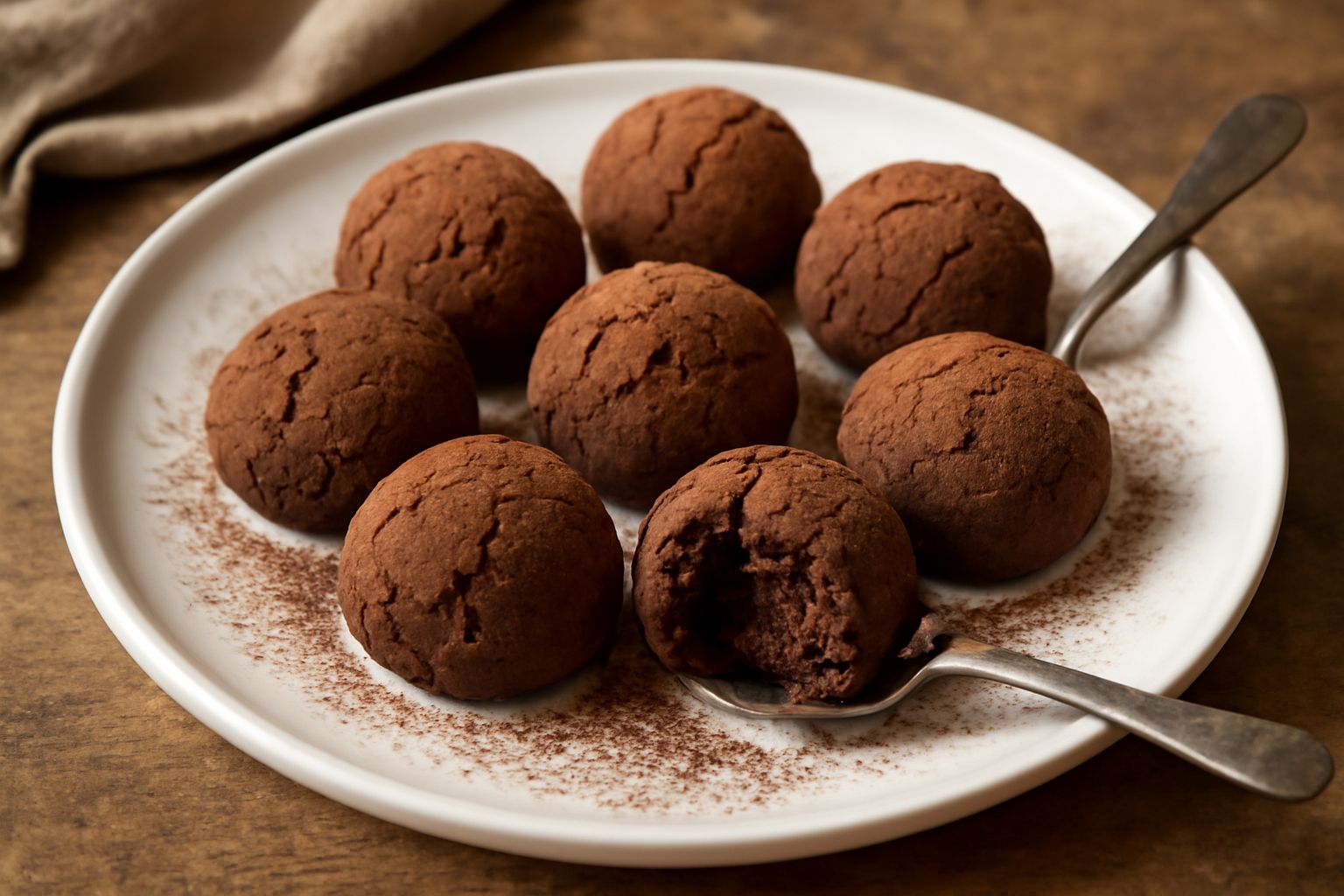 Dieci tartufi tondi ricoperti di cacao in polvere marrone scuro, disposti su piattino bianco, con superficie leggermente screpolata e rugosa, luce naturale da sinistra